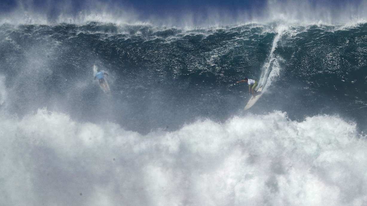 Luke Shepardson rides a wave during The Eddie Aikau Big Wave Invitational at Waimea Bay on Sunday, Jan. 22, 2023, on Oahu's North Shore, in Hawaii.