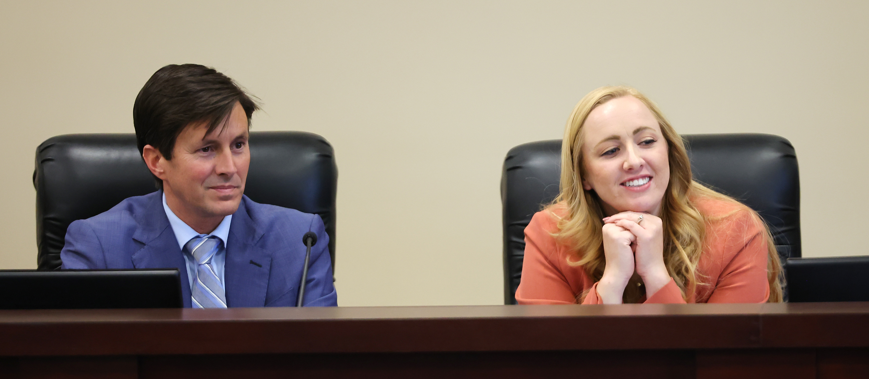 Majority Assistant Whip Sen. Kirk Cullimore, R-Draper, and Rep. Candice B. Pierucci, R-Salt Lake, listen during public testimony in the Senate Education Committee hearing for HB215 at the Capitol on Monday.