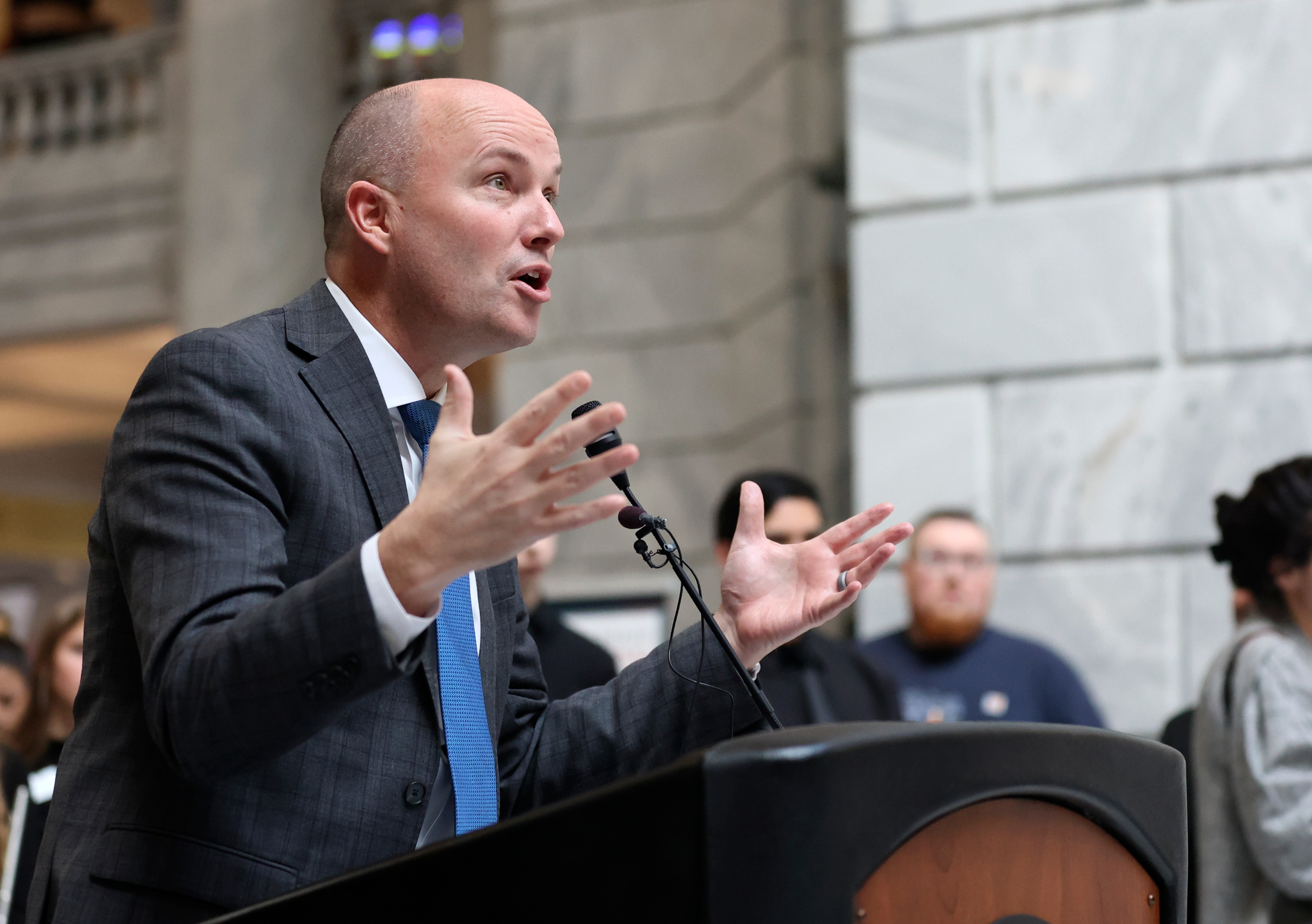 Gov. Spencer Cox speaks during a rally to support school choice, hosted by the Utah Association of Public Charter Schools, at the Capitol in Salt Lake City on Monday.