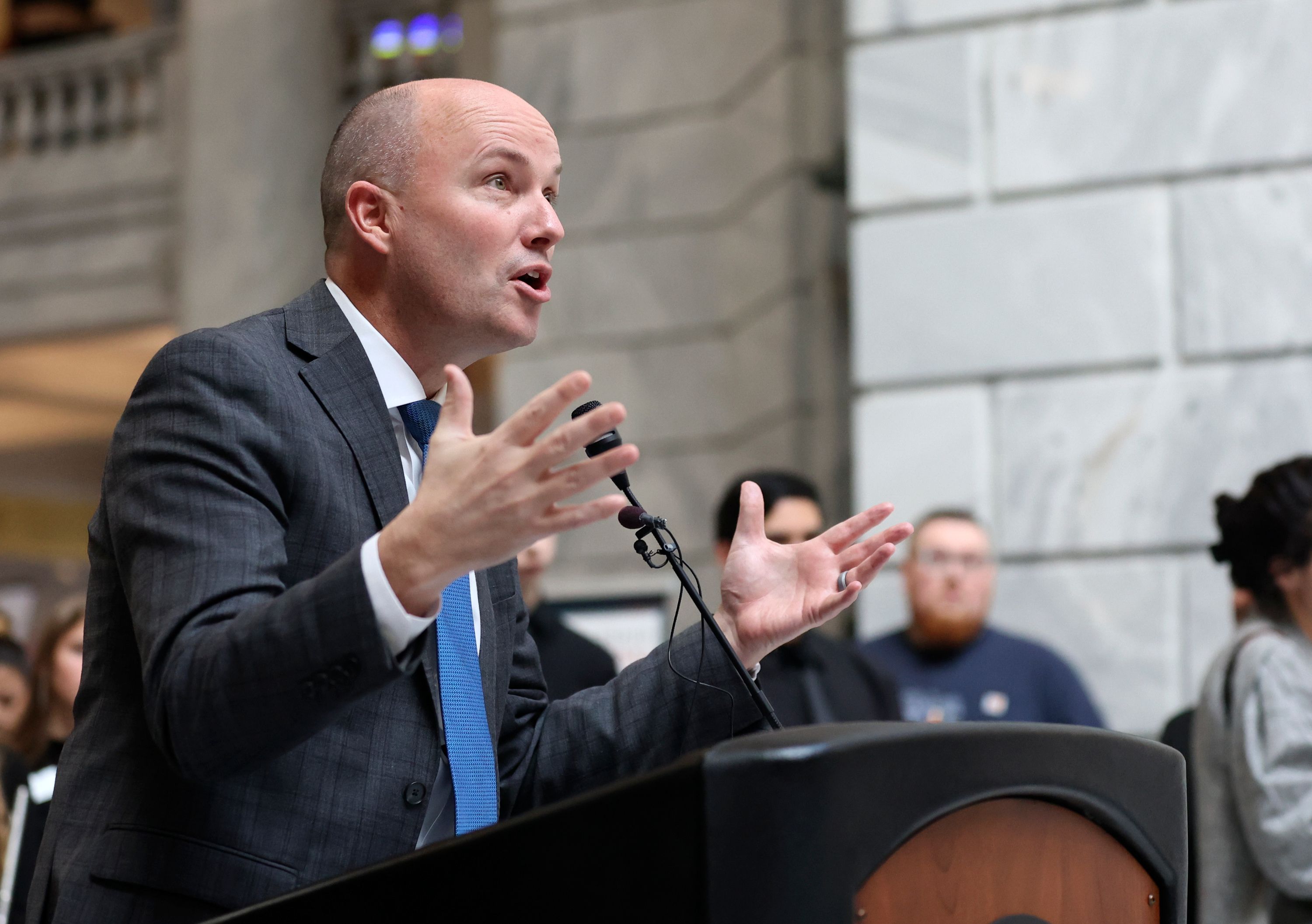 Gov. Spencer Cox speaks during a rally to support school choice, hosted by the Utah Association of Public Charter Schools, at the Capitol in Salt Lake City on Monday, Jan. 23, 2023.