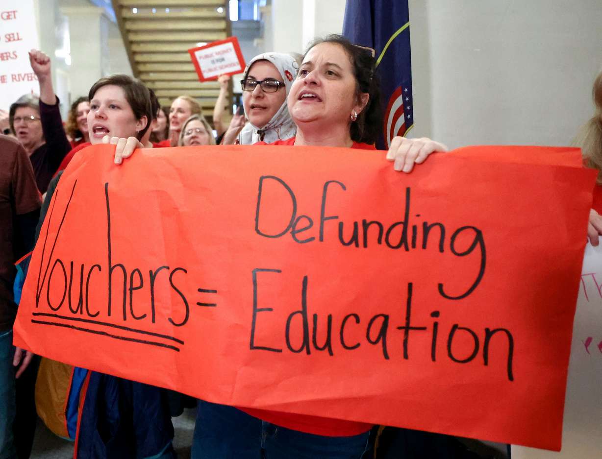 Lena Foster, a Salt Lake City School District teacher, attends a rally against school vouchers at the Capitol in Salt Lake City, on Monday, Jan. 23, 2023.