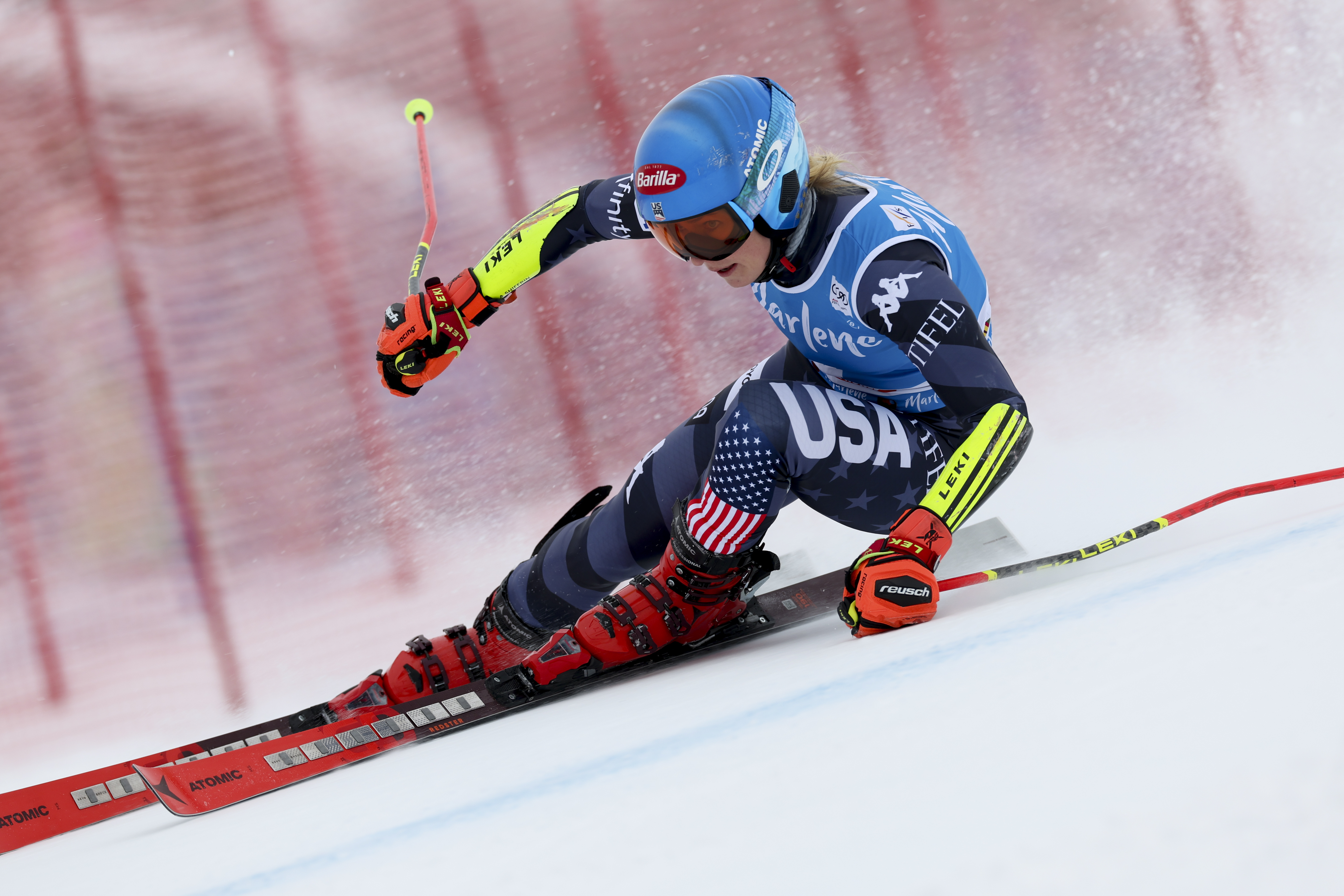 United States' Mikaela Shiffrin speeds down the course during an alpine ski, women's World Cup giant slalom, in Kronplatz, Italy, Tuesday, Jan. 24, 2023. 