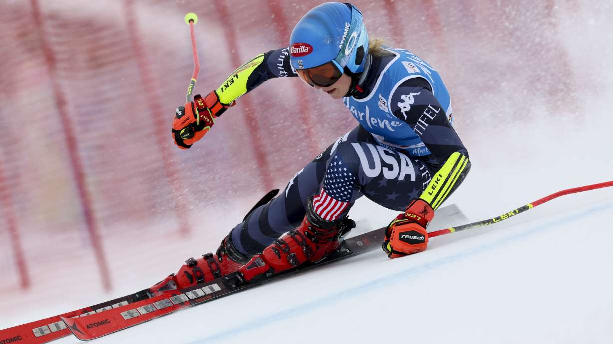 United States' Mikaela Shiffrin speeds down the course during an alpine ski, women's World Cup giant slalom, in Kronplatz, Italy, Tuesday, Jan. 24, 2023.