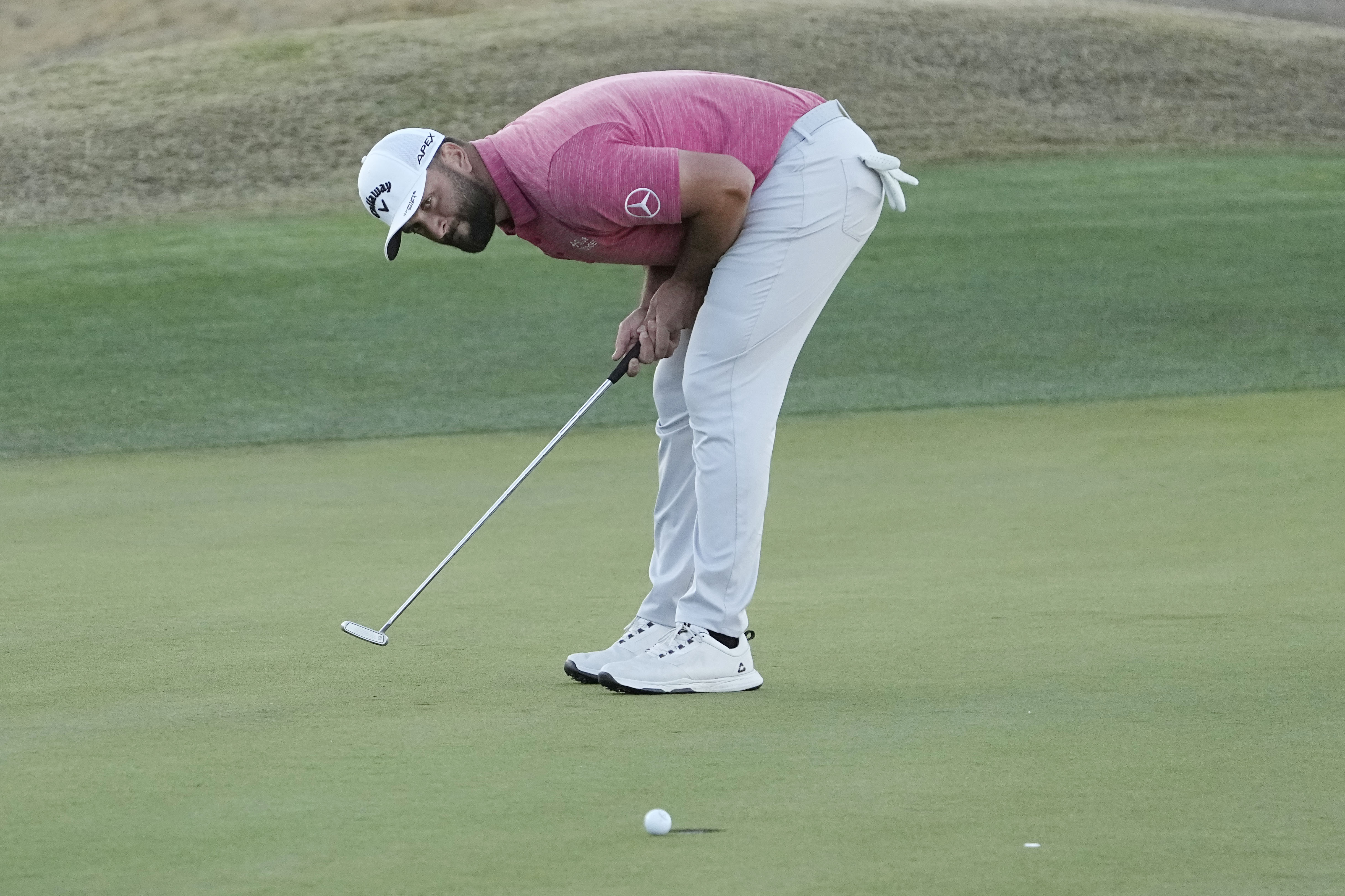 Jon Rahm reacts after missing a birdie putt on the 18th hole during the final round of the American Express golf tournament on the Pete Dye Stadium Course at PGA West Sunday, Jan. 22, 2023, in La Quinta, Calif.