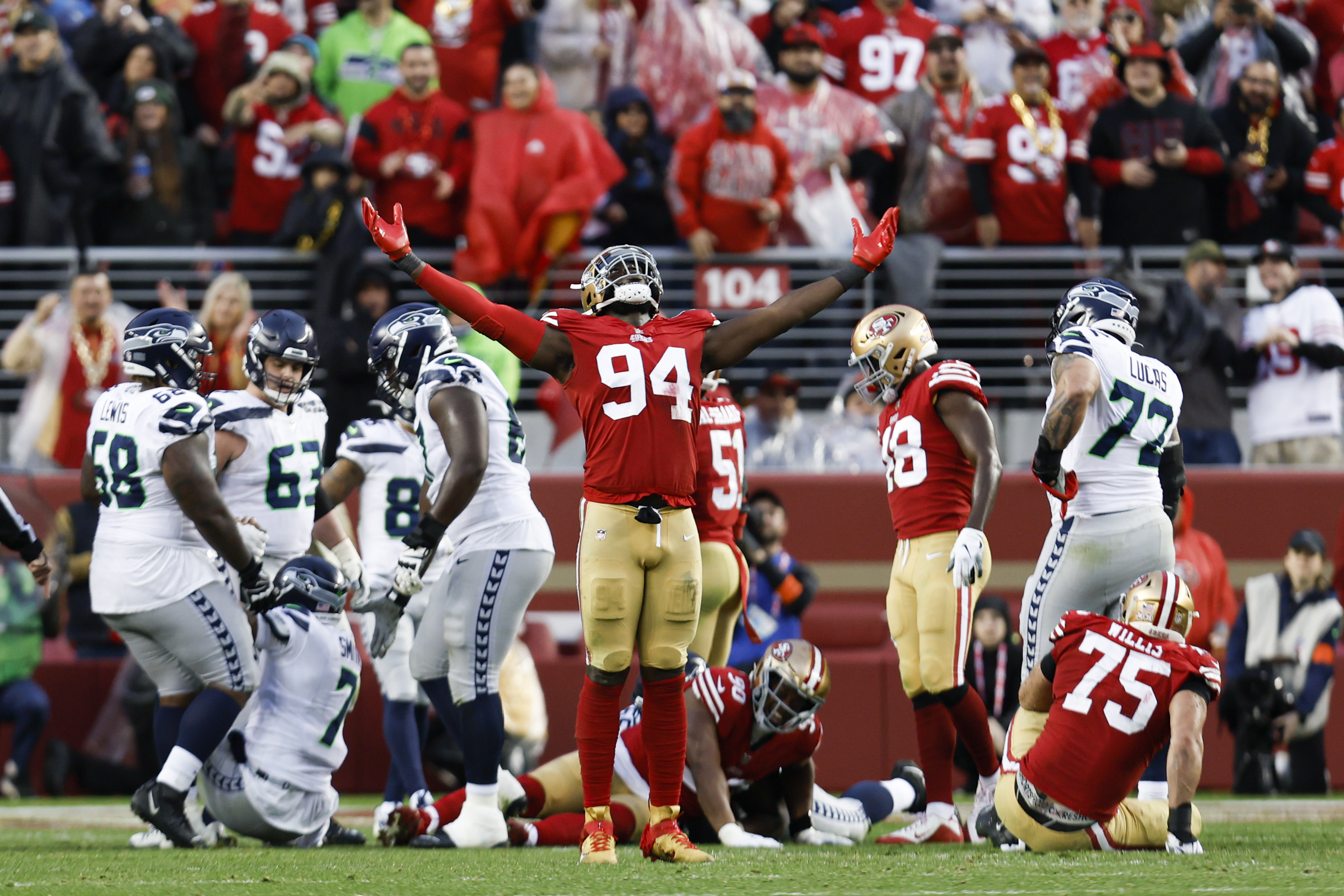 San Francisco 49ers defensive end Charles Omenihu (94) celebrates during the second half of an NFL wild card playoff football game against the Seattle Seahawks in Santa Clara, Calif., Saturday, Jan. 14, 2023. The 49ers won 41-23. 