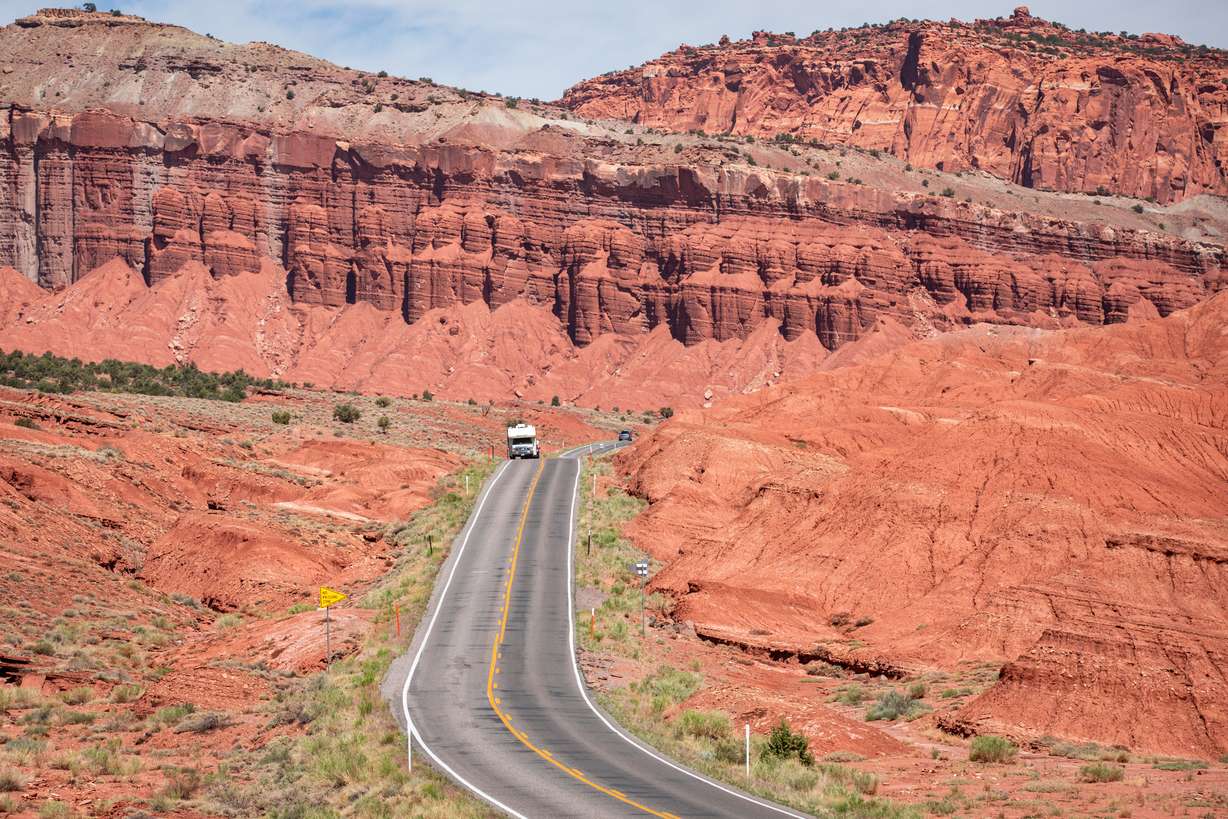 An RV travels along Capitol Reef Country Scenic Byway within Capitol Reef National Park on May 22, 2021. The Utah Legislature will consider a bill to extend the state's scenic byway program and shake up the structure of its committee.