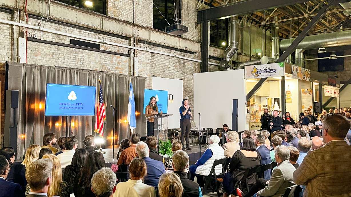 Salt Lake City Mayor Erin Mendenhall delivers her State of the City address at Woodbine Food Hall Tuesday evening. In the speech, she argued that the city's decisions over the next five years may impact it a century from now.