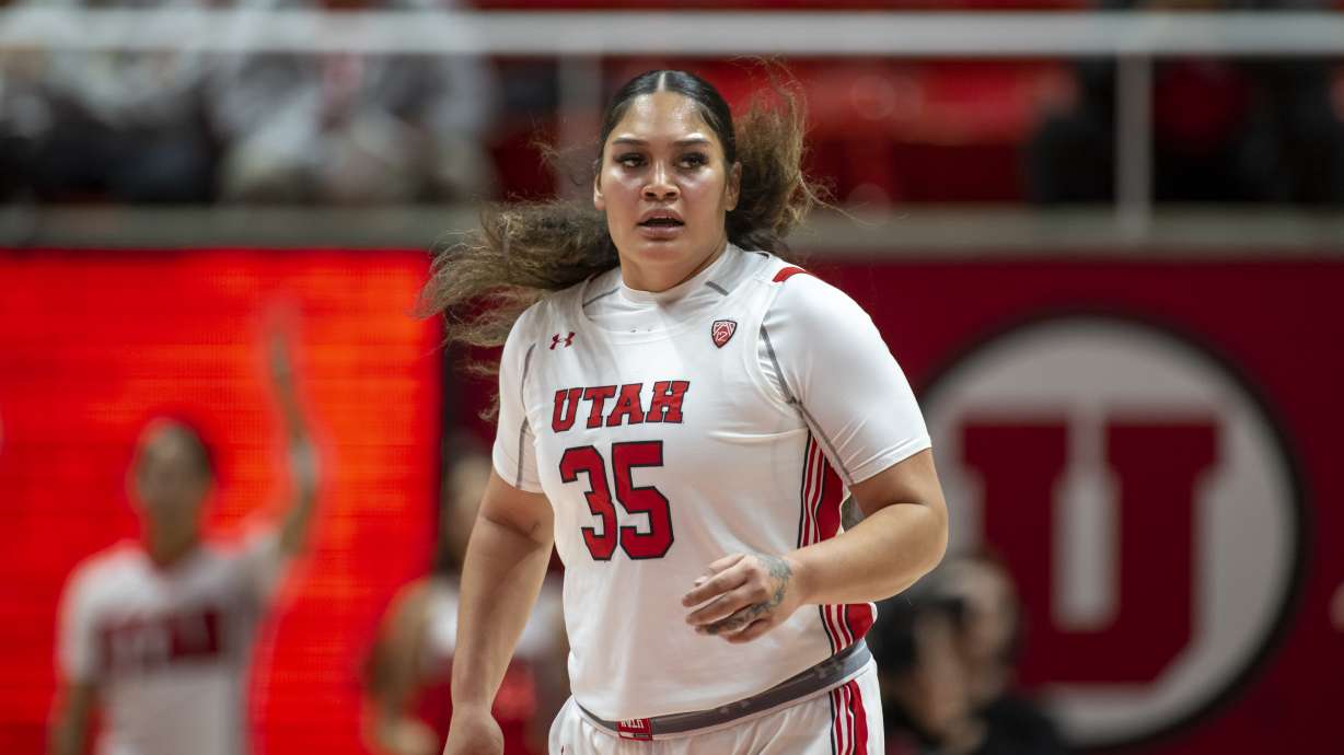 Utah Utes forward Alissa Pili (35) reacts to a foul called during an NCAA basketball game on Wednesday, Nov. 16, 2022, in Salt Lake City, Utah.