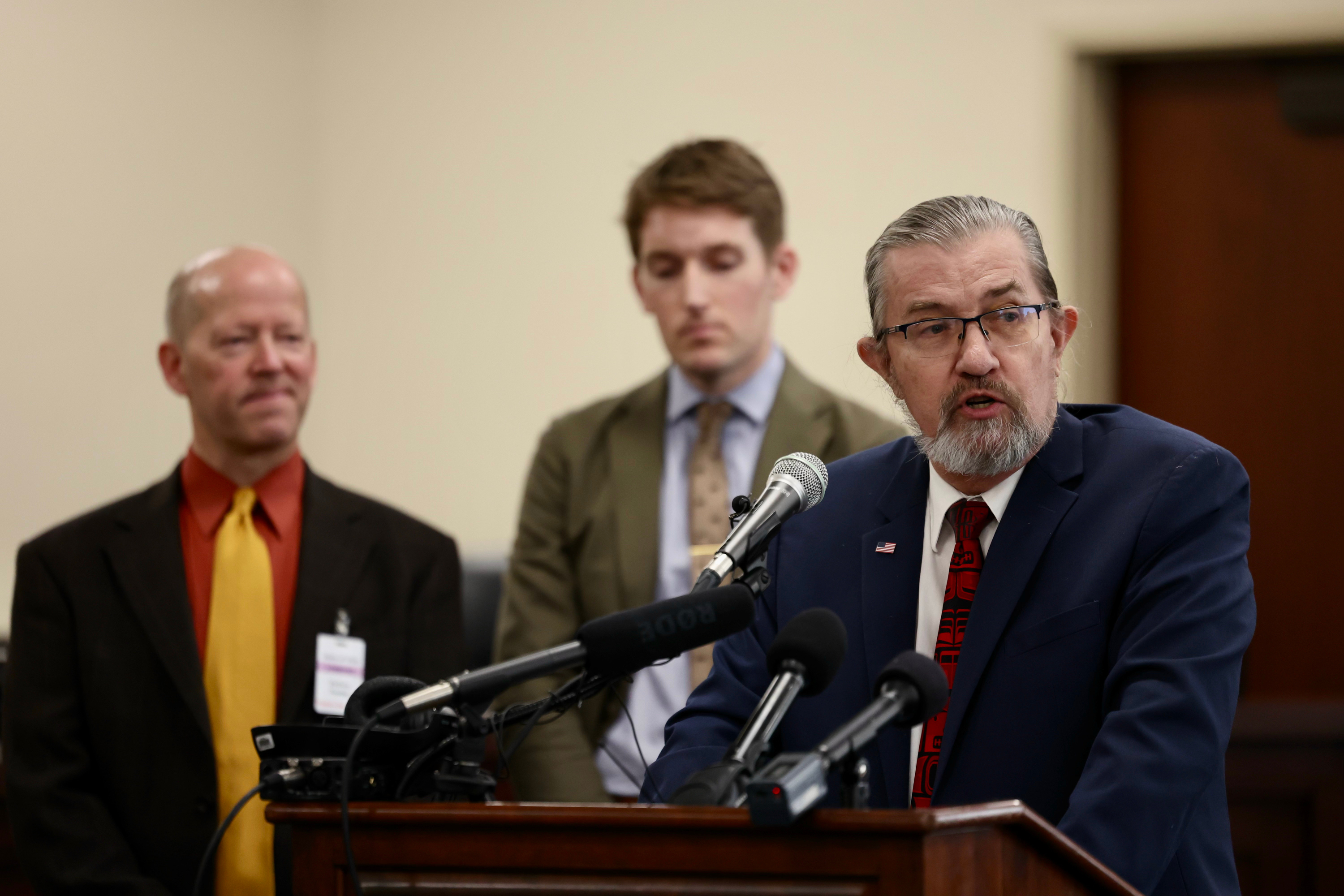 Rep. Joel Briscoe, D-Salt Lake City, speaks at a press conference about the Great Salt Lake at the Capitol in Salt Lake City on Wednesday.
