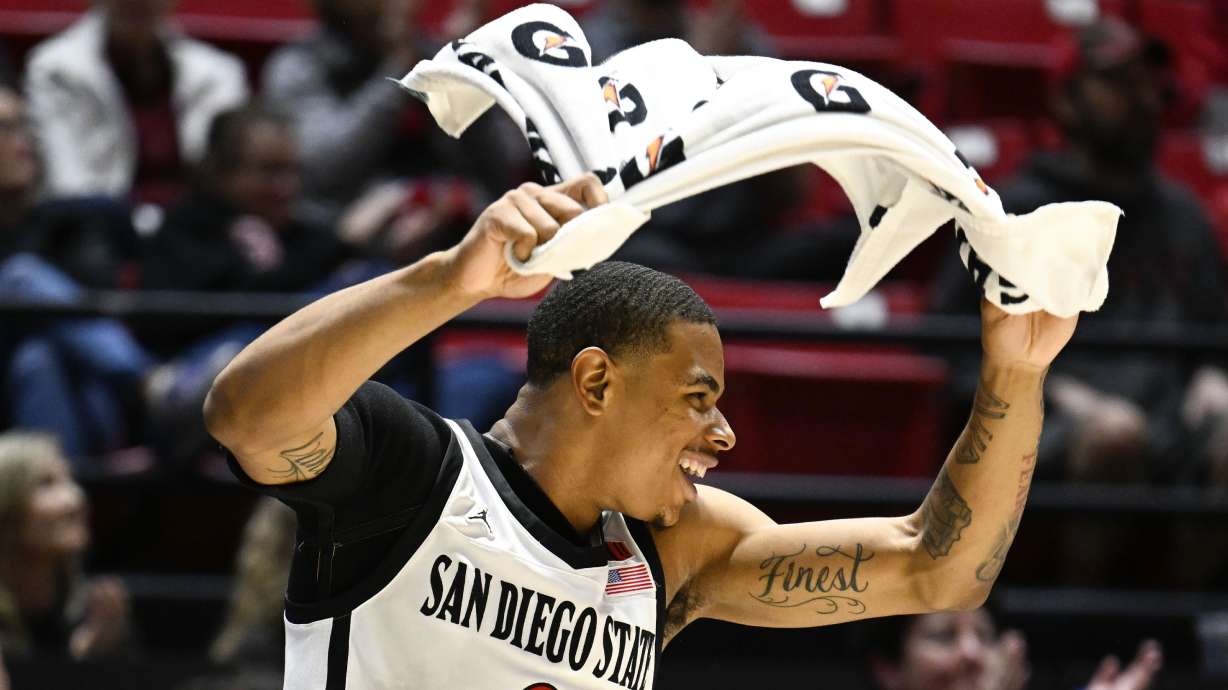 San Diego State Aztecs forward Keshad Johnson (0) looks on during an NCAA college basketball game against Occidental Friday, Dec. 2, 2022, in San Diego.