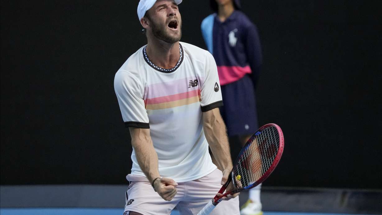 Tommy Paul of the U.S. celebrates after defeating compatriot Ben Shelton in their quarterfinal match at the Australian Open tennis championship in Melbourne, Australia, Wednesday, Jan. 25, 2023.