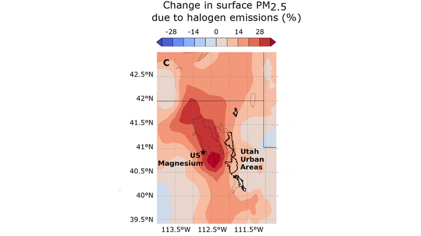 A diagram depicting the change in surface PM 2.5 levels because of  halogen emissions, including chlorine and bromine, based on flights over the region in the winter of 2017.