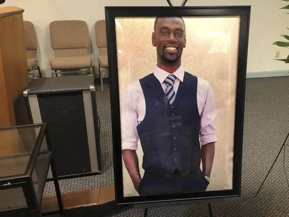 A portrait of Tyre Nichols is displayed at a memorial service for him on Jan. 17 in Memphis, Tenn. Nichols was killed during a traffic stop with Memphis Police on Jan. 7.
