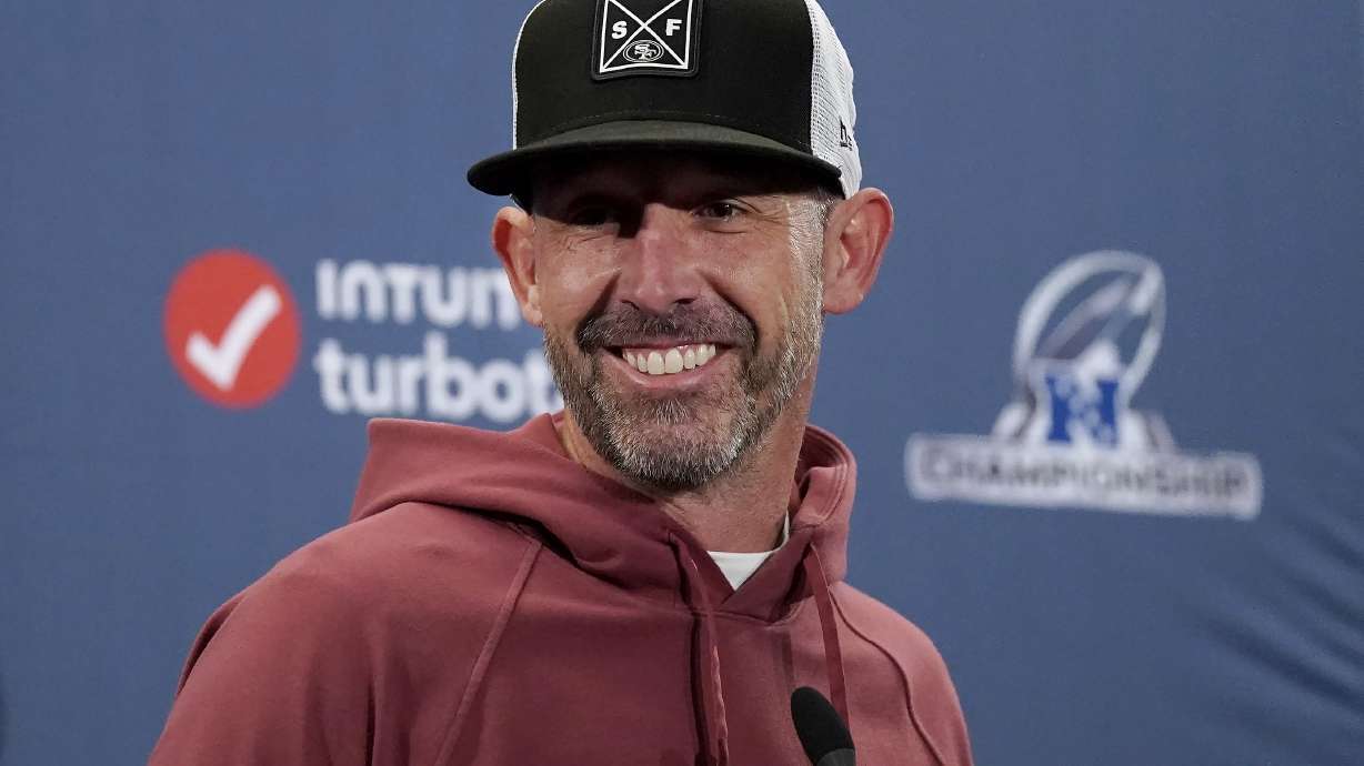 San Francisco 49ers head coach Kyle Shanahan speaks at a news conference before an NFL football practice in Santa Clara, Calif., Thursday, Jan. 26, 2023. The 49ers are scheduled to play the Philadelphia Eagles Sunday in the NFC championship game.