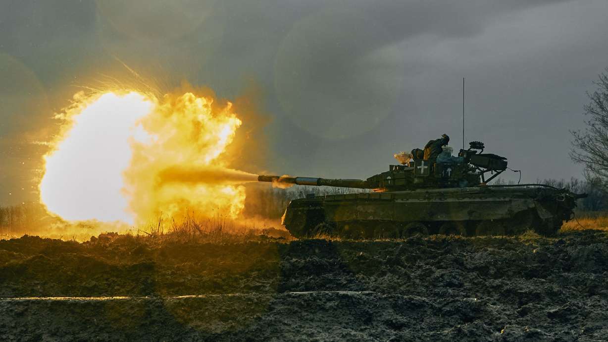 Ukrainian army fires a captured Russian tank T-80 at the Russian position in the Donetsk region of Ukraine on Nov. 22, 2022. Sen. Mitt Romney says if Americans say the United States should not spend money to help Ukraine defend itself against Russia, they should probably say the U.S. shouldn't spend money on its own national defense either.