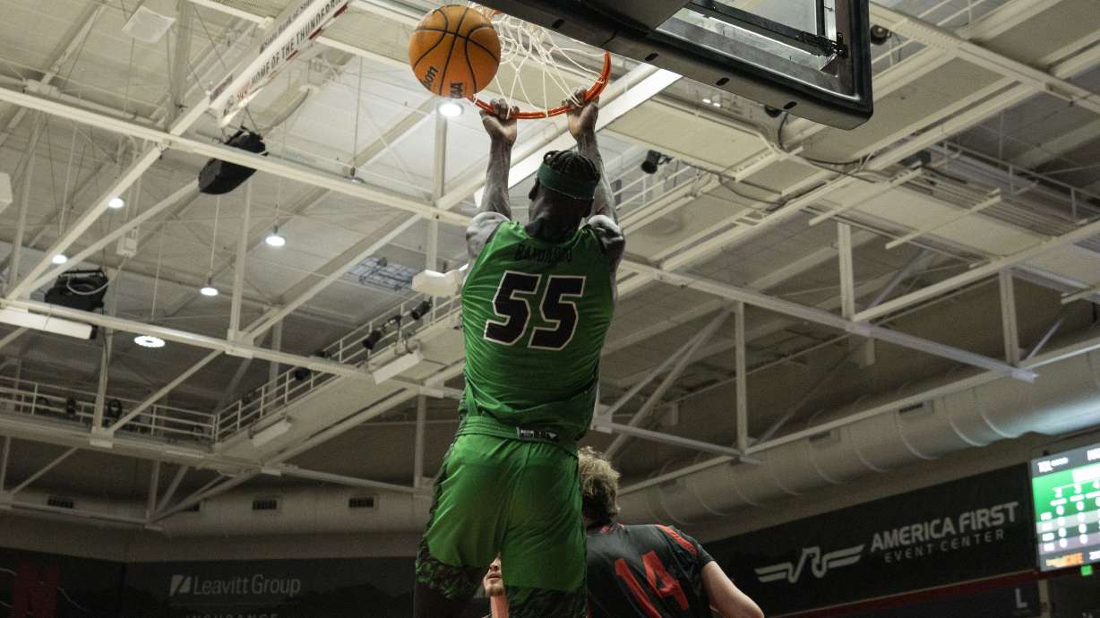 Utah Valley center Aziz Bandaogo attempts a dunk during a 79-67 loss at Southern Utah, Thursday, Jan. 26, 2023 in the America First Events Center in Cedar City, Utah.