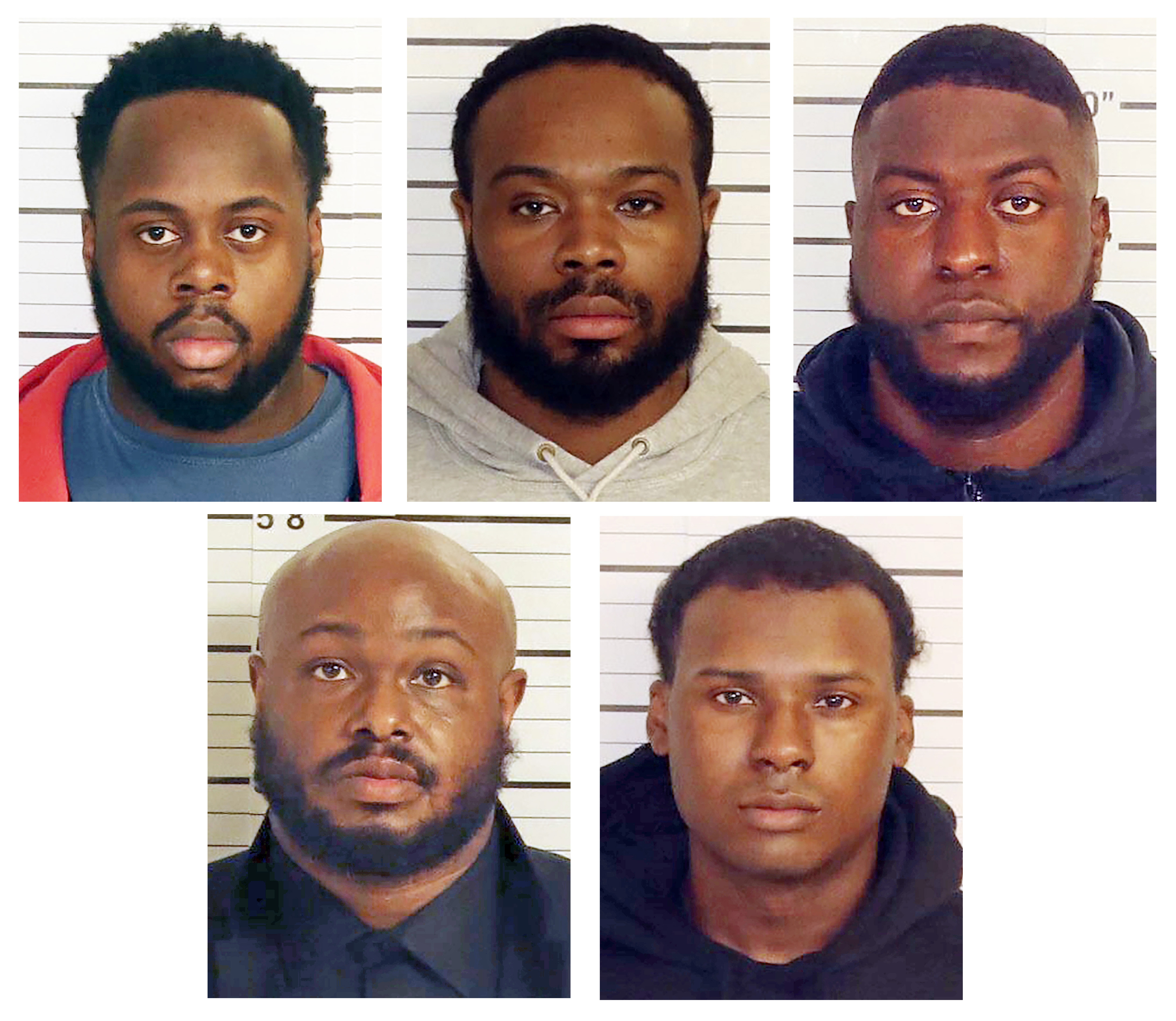 This combo of booking images provided by the Shelby County Sheriff's Office shows, from top row from left, Tadarrius Bean, Demetrius Haley, Emmitt Martin III, bottom row from left, Desmond Mills, Jr. and Justin Smith.