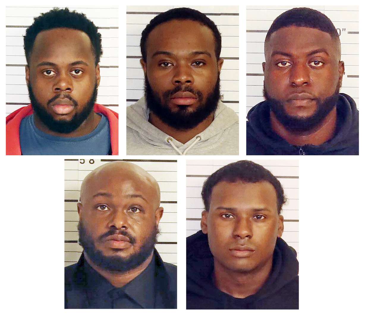 This combo of booking images provided by the Shelby County Sheriff's Office shows, from top row from left, Tadarrius Bean, Demetrius Haley, Emmitt Martin III, bottom row from left, Desmond Mills, Jr. and Justin Smith.
