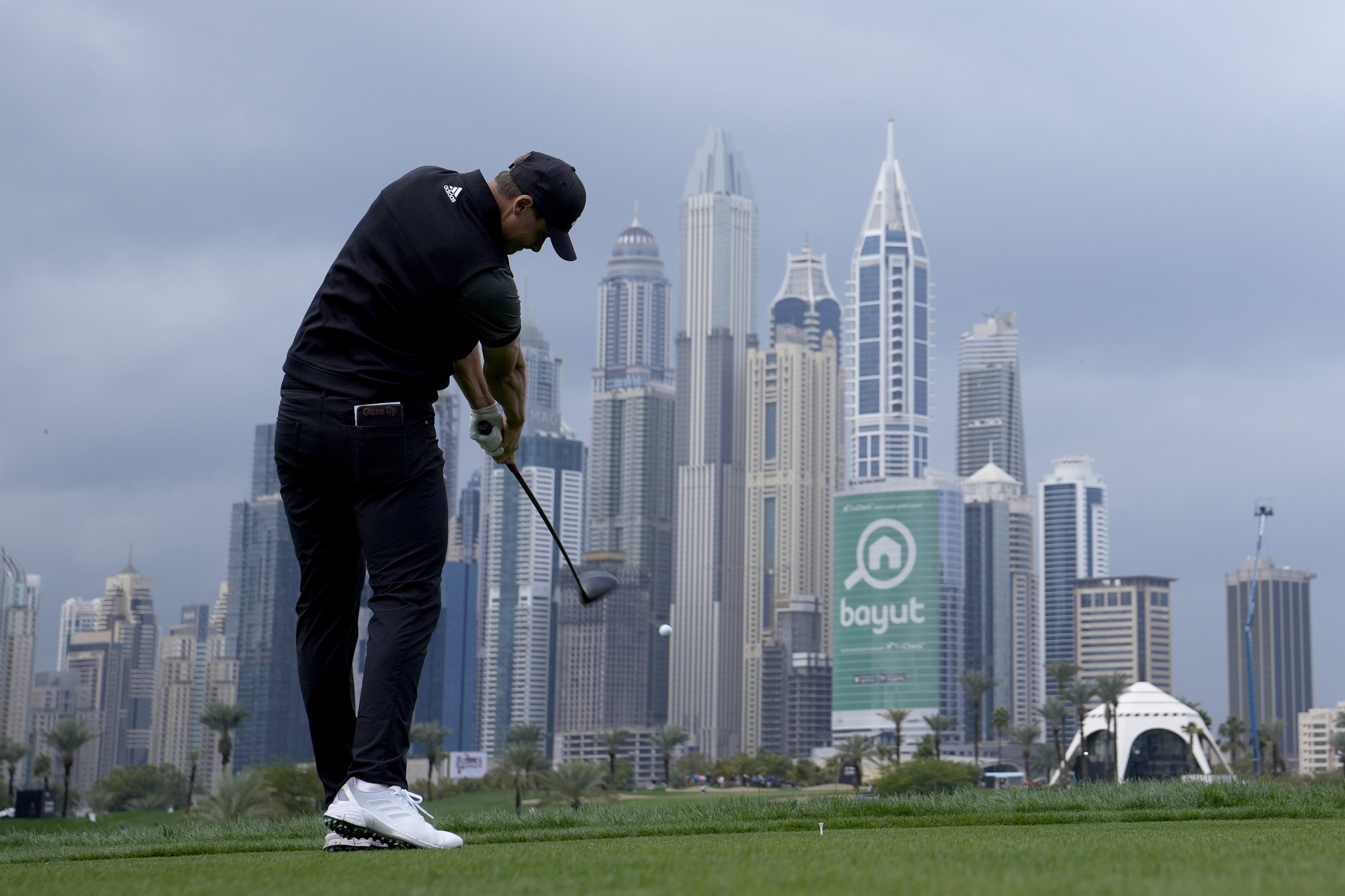 Ludvig Aberg of Sweden tees off on the 8th hole during his first round on Day Two of the Dubai Desert Classic, in Dubai, United Arab Emirates, Friday, Jan. 27, 2023. 
