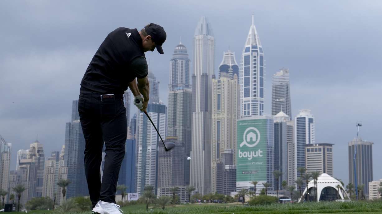 Ludvig Aberg of Sweden tees off on the 8th hole during his first round on Day Two of the Dubai Desert Classic, in Dubai, United Arab Emirates, Friday, Jan. 27, 2023.