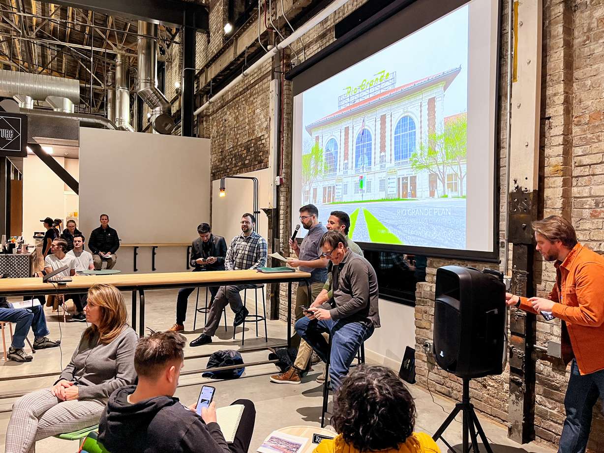 Salt Lake City leaders and planners, and members of Friends of the Rio Grande speak during a meeting at Woodbine Food Hall in Salt Lake City Thursday night. The event was the first public meeting about the proposed Rio Grande Plan.