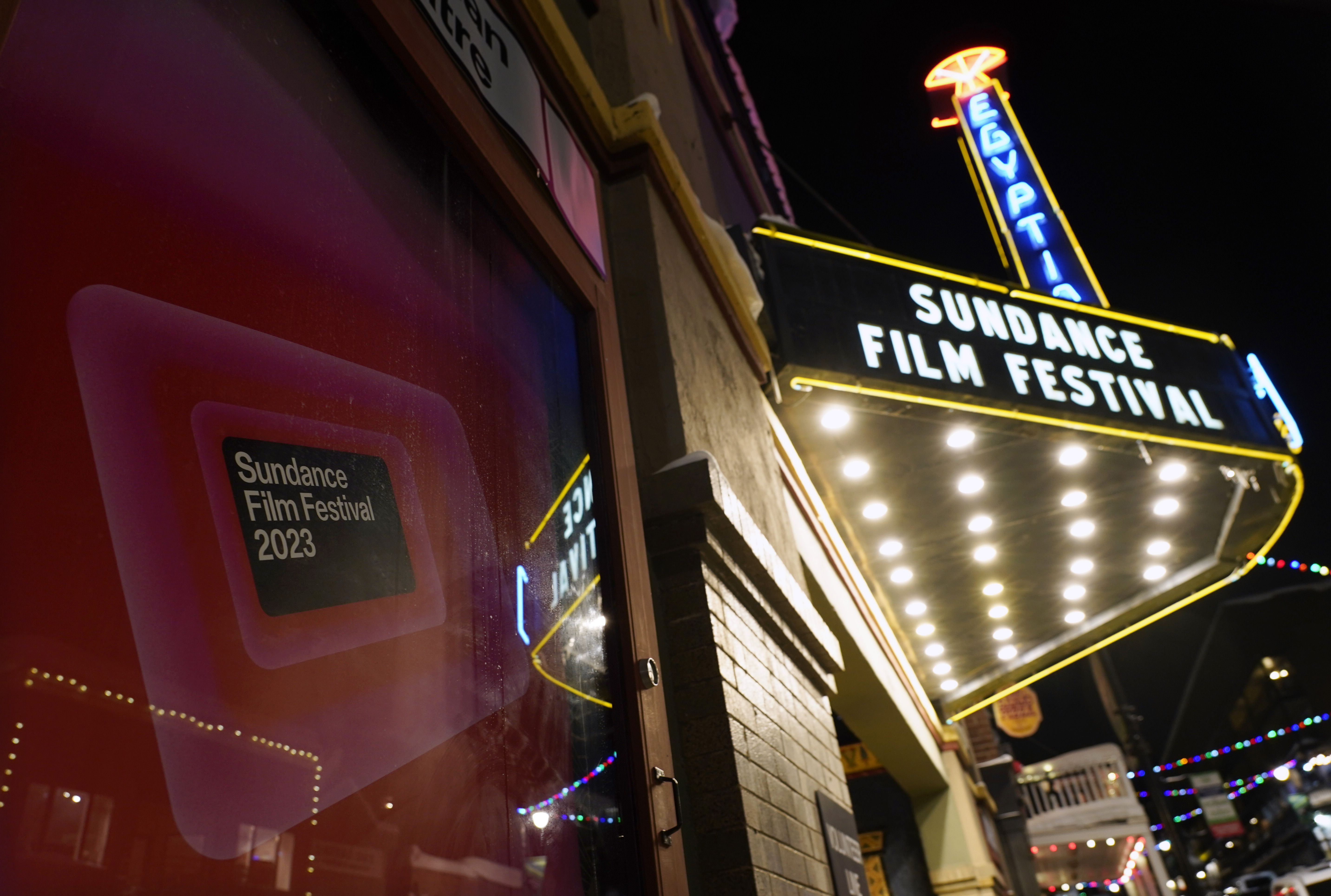 A poster advertises the 2023 Sundance Film Festival in front of the Egyptian Theatre, Wednesday, in Park City. The annual independent film festival announced this year's winners on Friday.