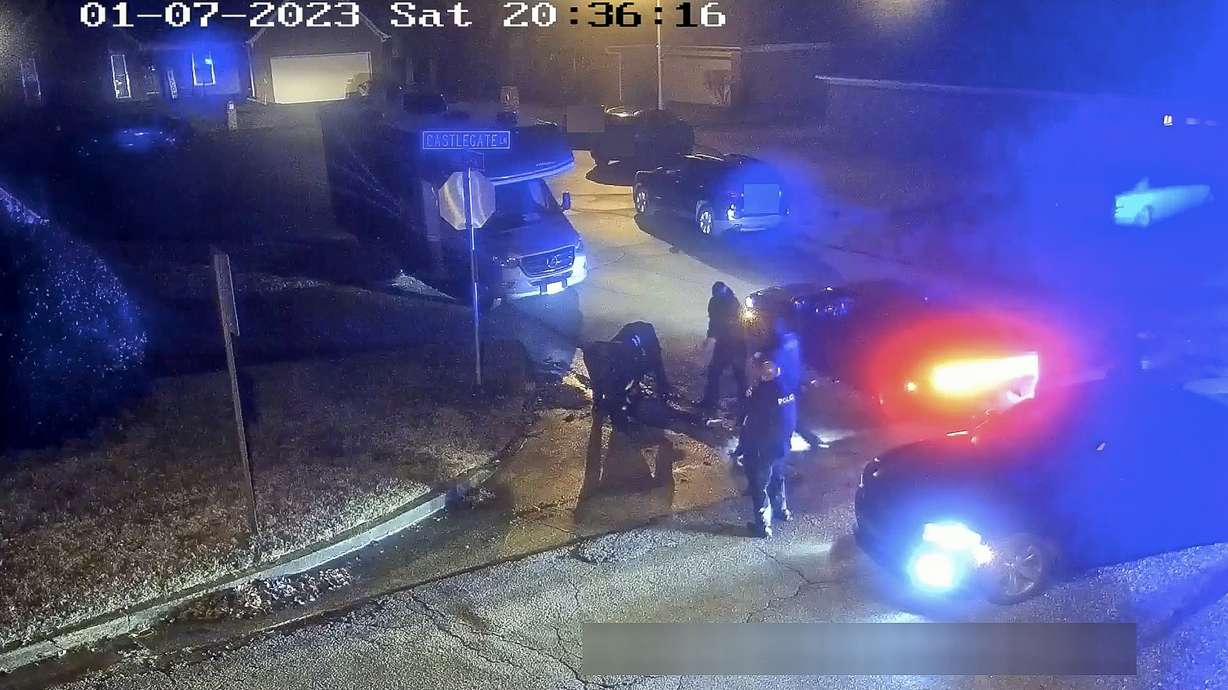 The image from video released on Friday, and partially redacted by the City of Memphis, shows Tyre Nichols on the ground during a brutal attack by five Memphis police officers on Jan. 7 in Memphis, Tenn. Nichols died on Jan. 10. The five officers have since been fired and charged with second-degree murder and other offenses.
