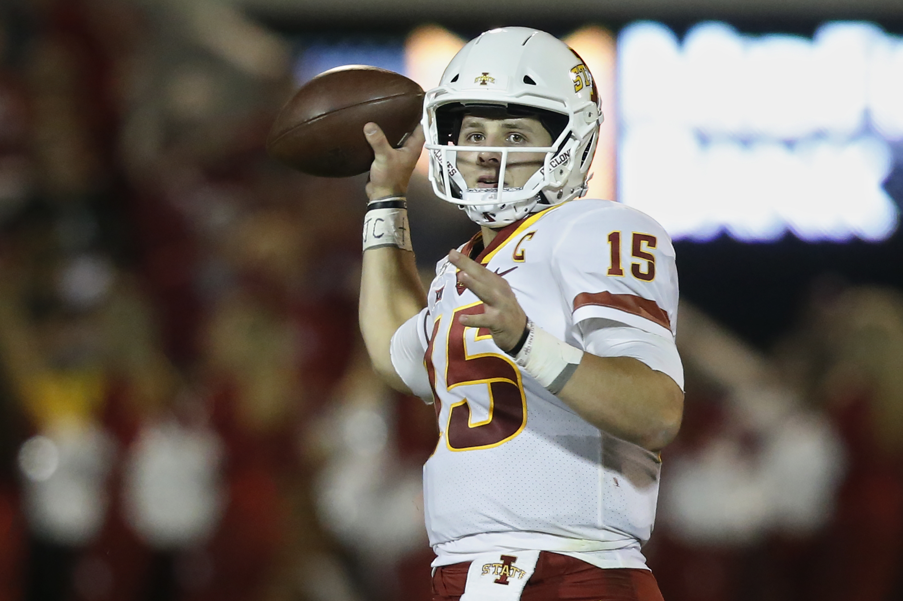 FILE - Iowa State quarterback Brock Purdy (15) during an NCAA college football game between Iowa State and Oklahoma in Norman, Okla., Saturday, Nov. 9, 2019. Purdy and Jalen Hurts could be primed for a shootout in the NFC championship game. . Hurts and No. 9 Oklahoma held off Purdy and Iowa State 42-41 on Nov. 9, 2019 in Norman, Oklahoma in their last meeting in college. By Dan Gelston.