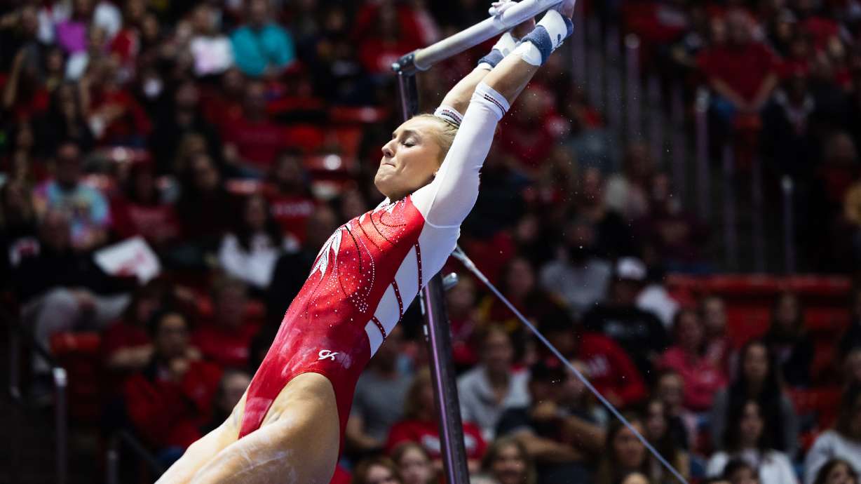 Utah’s Abby Brenner performs her bar routine during an NCAA gymnastics meet at the Huntsman Center in Salt Lake City on Saturday, Jan. 28, 2023.
