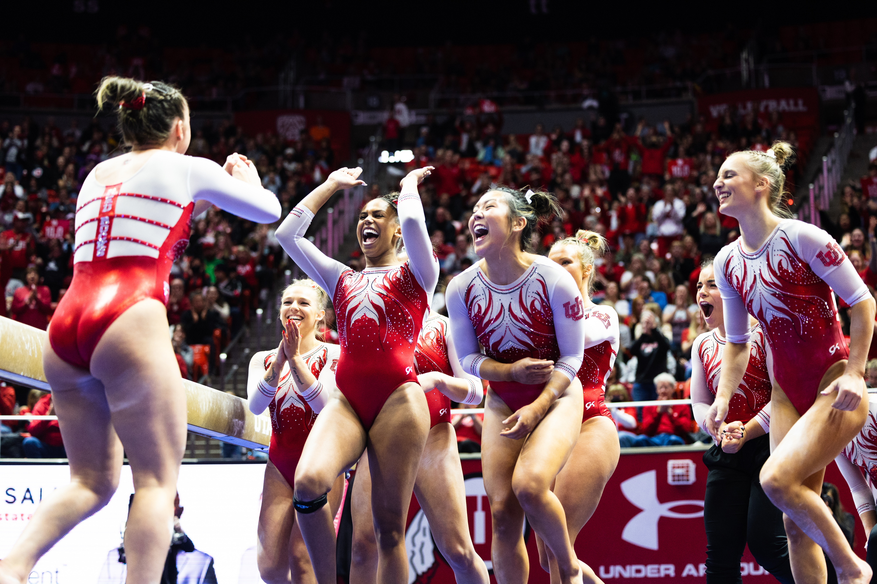 Utah congratulates Maile O’Keefe after her beam routine during an NCAA gymnastics meet at the Huntsman Center in Salt Lake City on Saturday, Jan. 28, 2023.