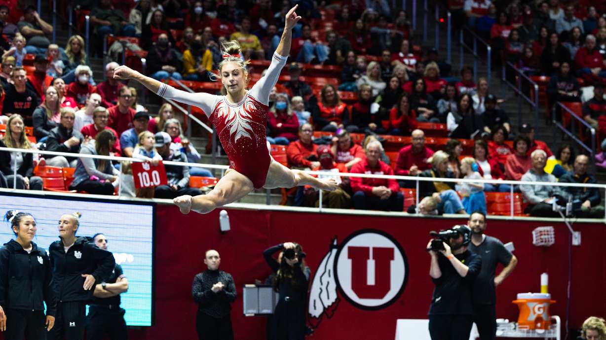 Utah’s Grace McCallum performs her floor routine during an NCAA gymnastics meet at the Huntsman Center in Salt Lake City on Saturday, Jan. 28, 2023.