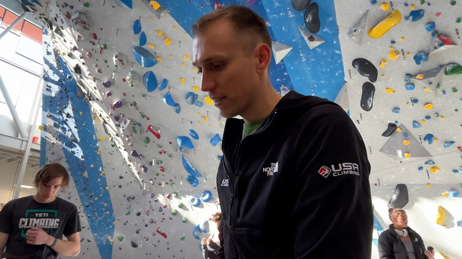 Oleksii Shulha, coach of the U.S. national team, helps his team prepare for the 2024 Paris Olympics at the speed climbing training camp in Salt Lake City.