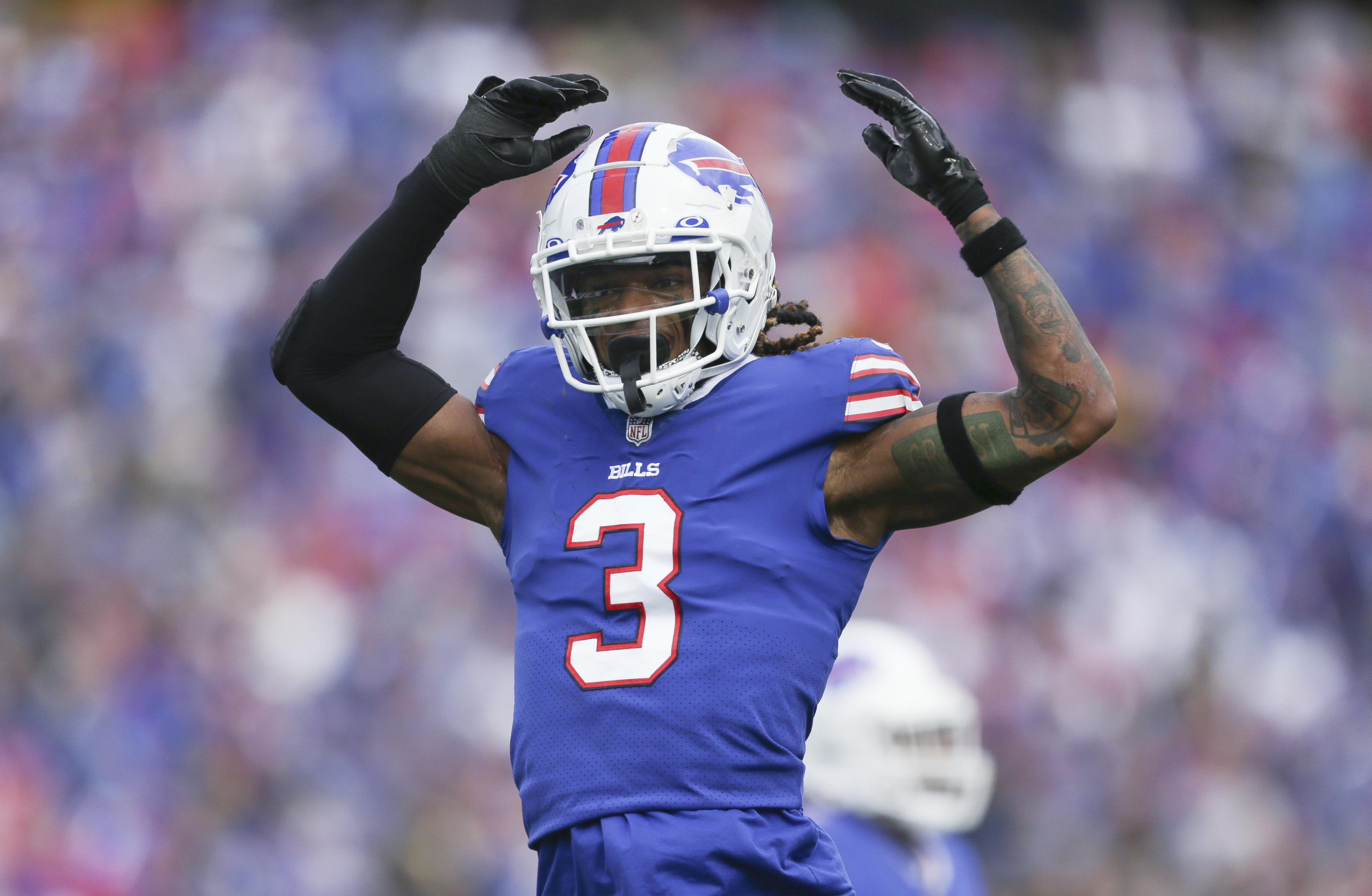 FILE - Buffalo Bills safety Damar Hamlin reacts after a play during the first half of the team's NFL football game against the Pittsburgh Steelers on Oct. 9, 2022, in Orchard Park, N.Y. Hamlin released a video on Saturday, Jan. 28, in which he’s thankful for the outpouring of support and vows to pay it back, in what are the safety’s first public comments since he went went into cardiac arrest and needed to be resuscitated on the field in Cincinnati on Jan. 2.
