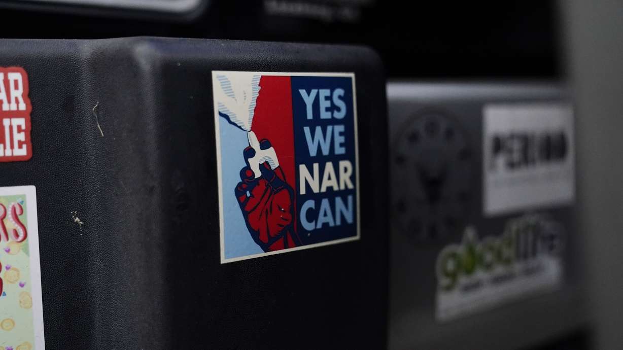 Jessie Blanchard's jeep bumper holds a sticker with the slogan "Yes We Narcan" on Jan. 23 in Albany, Ga. Naloxone, available as a nasal spray and in an injectable form, is a key tool in the battle against a nationwide overdose crisis linked to the deaths of more than 100,000 people annually in the U.S.