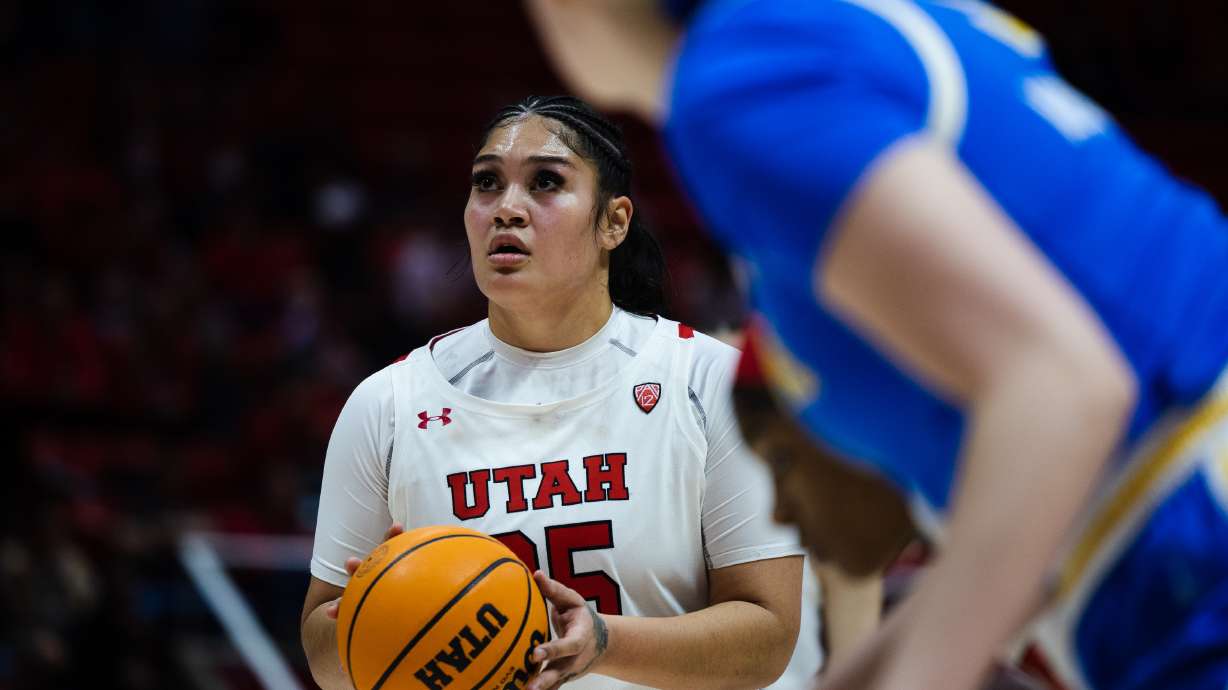 Utah Utes forward Alissa Pili (35) prepares to shoot a free throw during an NCAA women’s basketball game at the Huntsman Center in Salt Lake City on Sunday, Jan. 29, 2023.