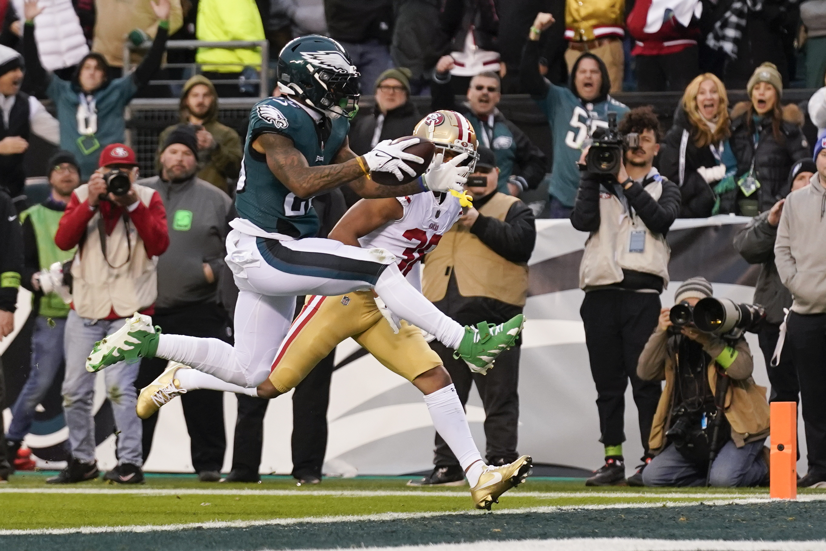 Philadelphia Eagles running back Miles Sanders celebrates after scoring during the first half of the NFC Championship NFL football game between the Philadelphia Eagles and the San Francisco 49ers on Sunday, Jan. 29, 2023, in Philadelphia.