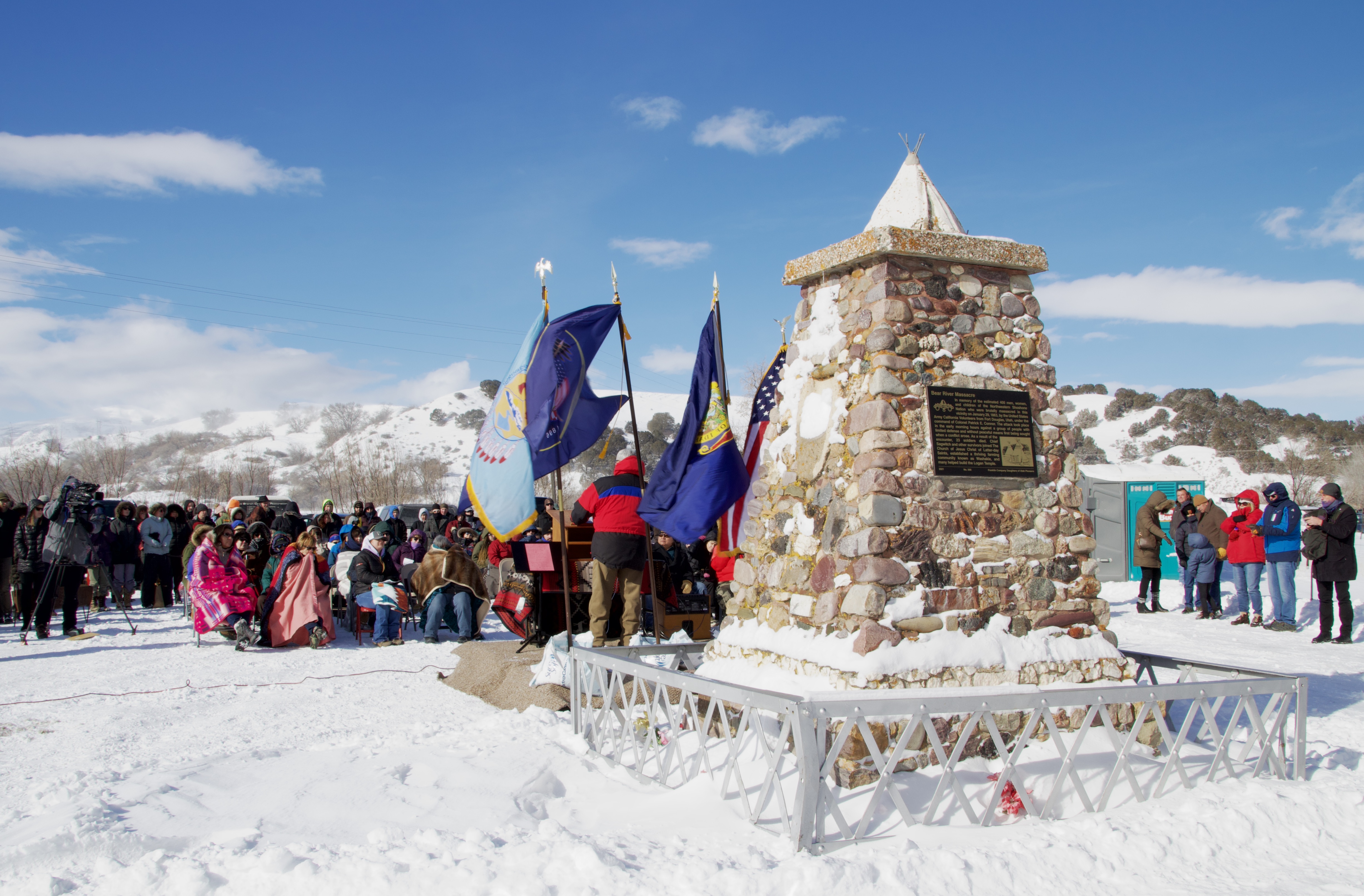 Dozens gather at the Bear River Massacre Historical Marker near Preston, Idaho, on Sunday to commemorate the massacre's 160th anniversary.