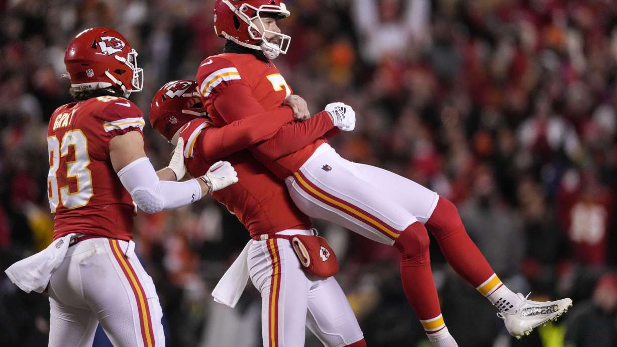 Kansas City Chiefs place kicker Harrison Butker (7) is lifted in the air after his game-winning field goal against the Cincinnati Bengals during the second half of the NFL AFC Championship playoff football game, Sunday, Jan. 29, 2023, in Kansas City, Mo. The Chiefs won 23-20.