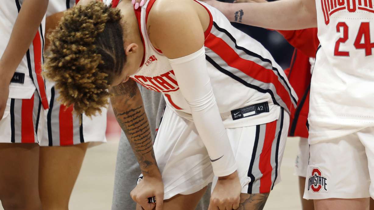 Ohio State guard Rikki Harris reacts following the Buckeyes' 73-65 NCAA college basketball game loss to Purdue in Columbus, Ohio, Sunday, Jan. 29, 2023.