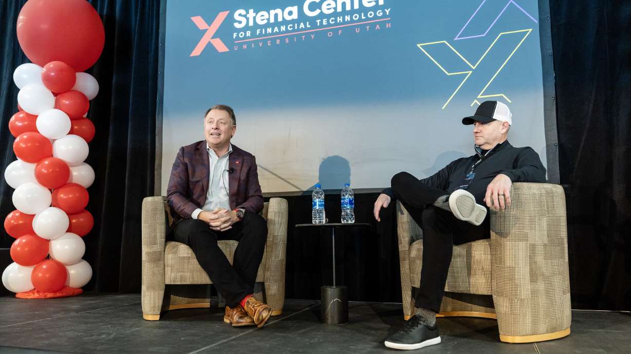 University of Utah President Taylor Randall and Stena Foundation founder Steve Smith talk about the new Stena Center for Financial Technology, at Rice-Eccles Stadium in Salt Lake City on Monday. The new donor initiative aims to supercharge the student entrepreneurial experience and Utah's reputation for financial technology.