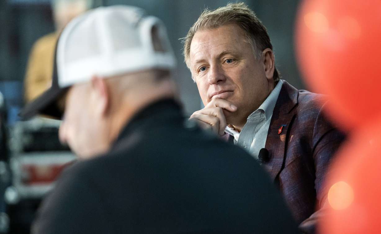 University of Utah President Taylor Randall listens as he and Stena Foundation founder Steve Smith talk about the newly announced Stena Center for Financial Technology at a conference at Rice-Eccles Stadium at the University of Utah on Monday.