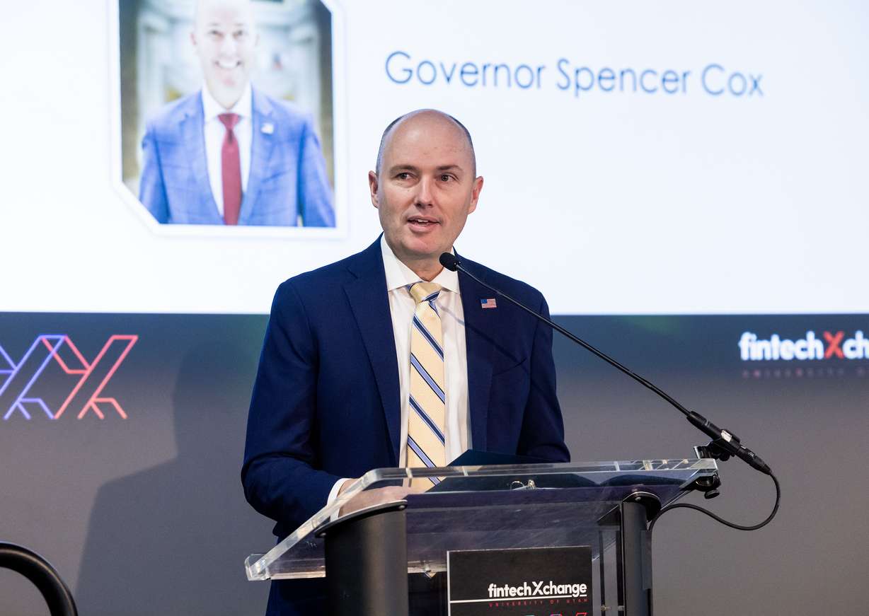 Gov. Spencer J. Cox speaks prior to University of Utah President Taylor Randall and Stena Foundation founder Steve Smith talking about the newly announced Stena Center for Financial Technology during a press conference at Rice-Eccles Stadium in Salt Lake City on Monday.