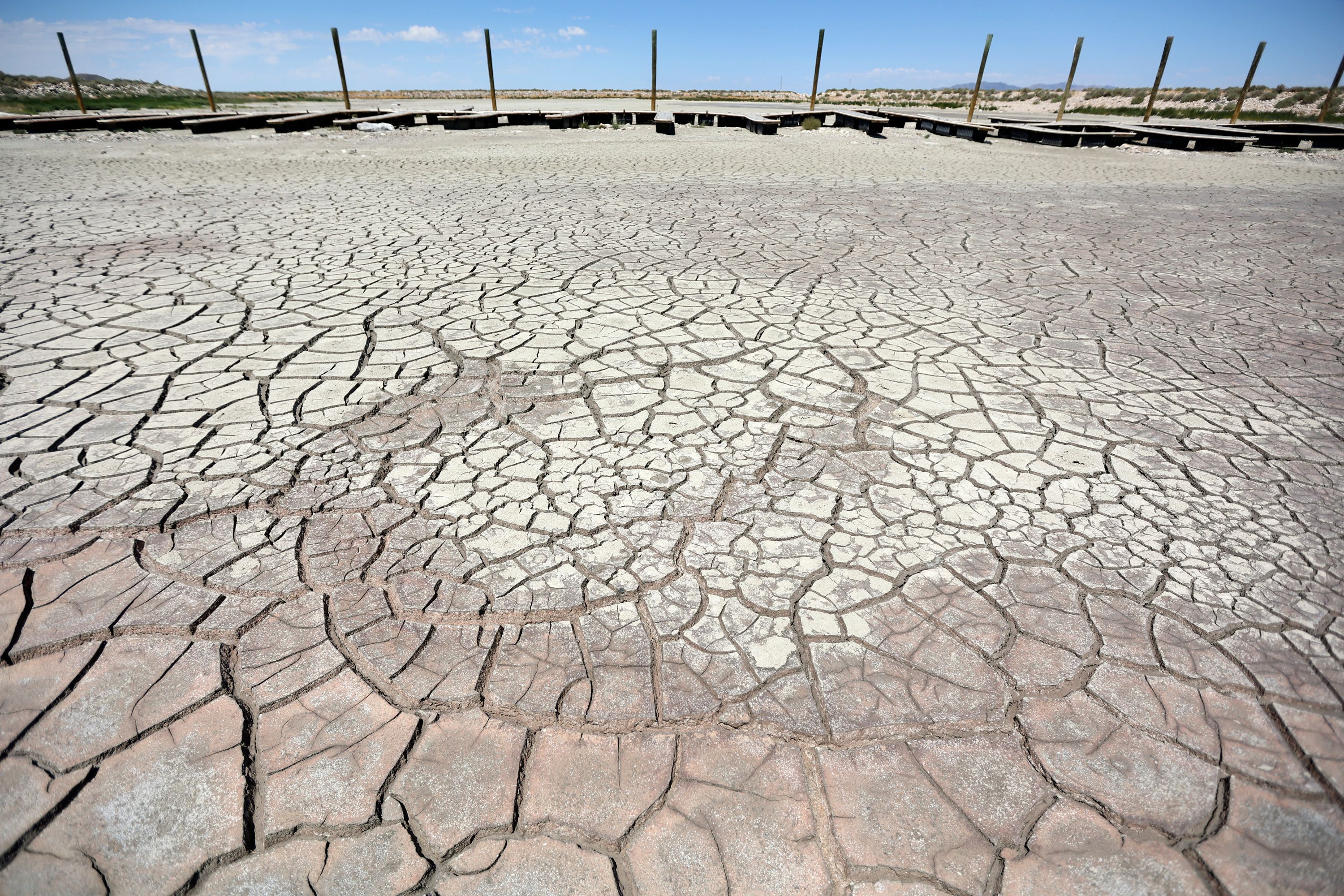The Antelope Island marina is dried up as the Great Salt Lake experiences record low water levels on July 22, 2022.