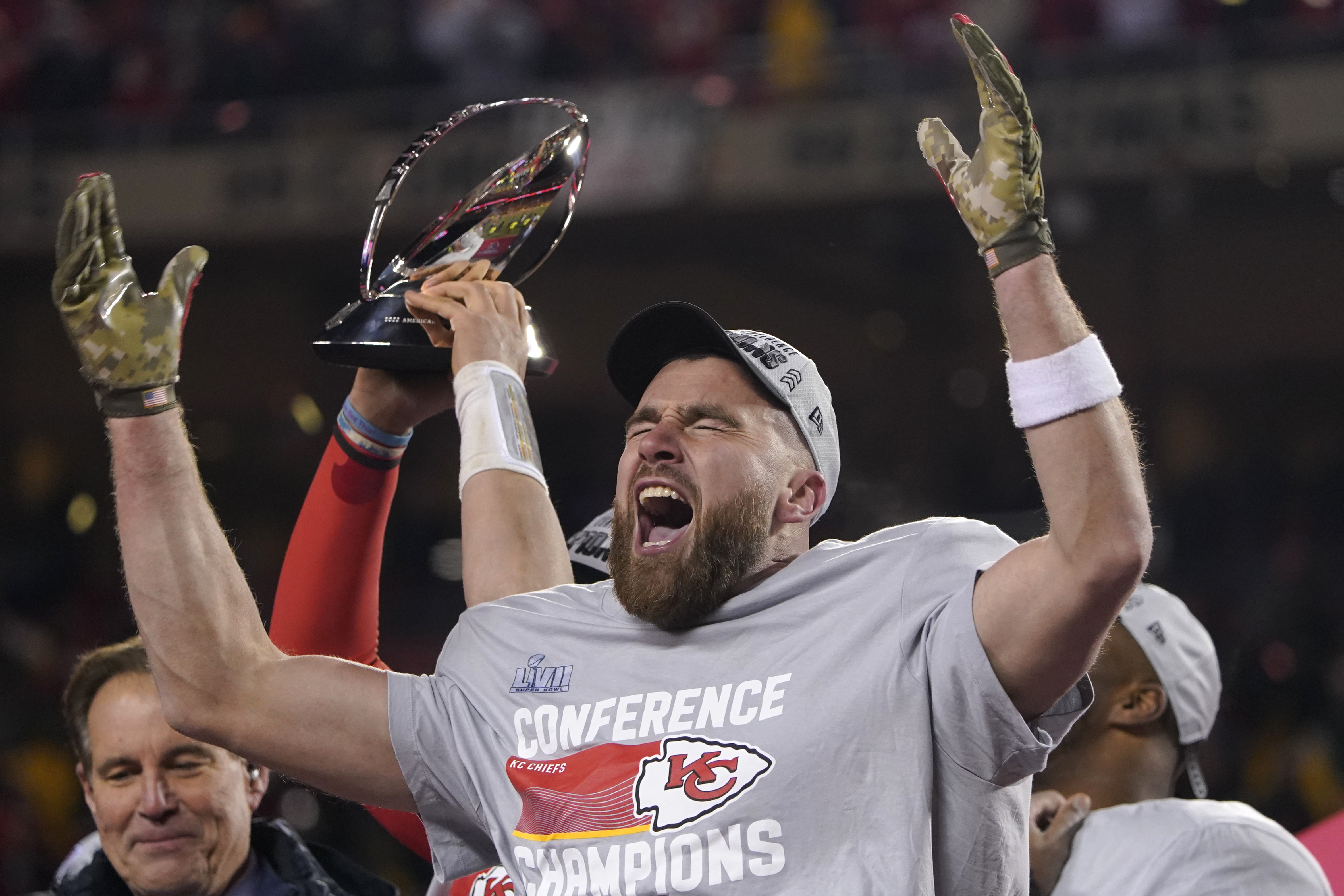 Kansas City Chiefs tight end Travis Kelce celebrates after the NFL AFC Championship playoff football game against the Cincinnati Bengals, Sunday, Jan. 29, 2023, in Kansas City, Mo. The Chiefs won 23-20. 