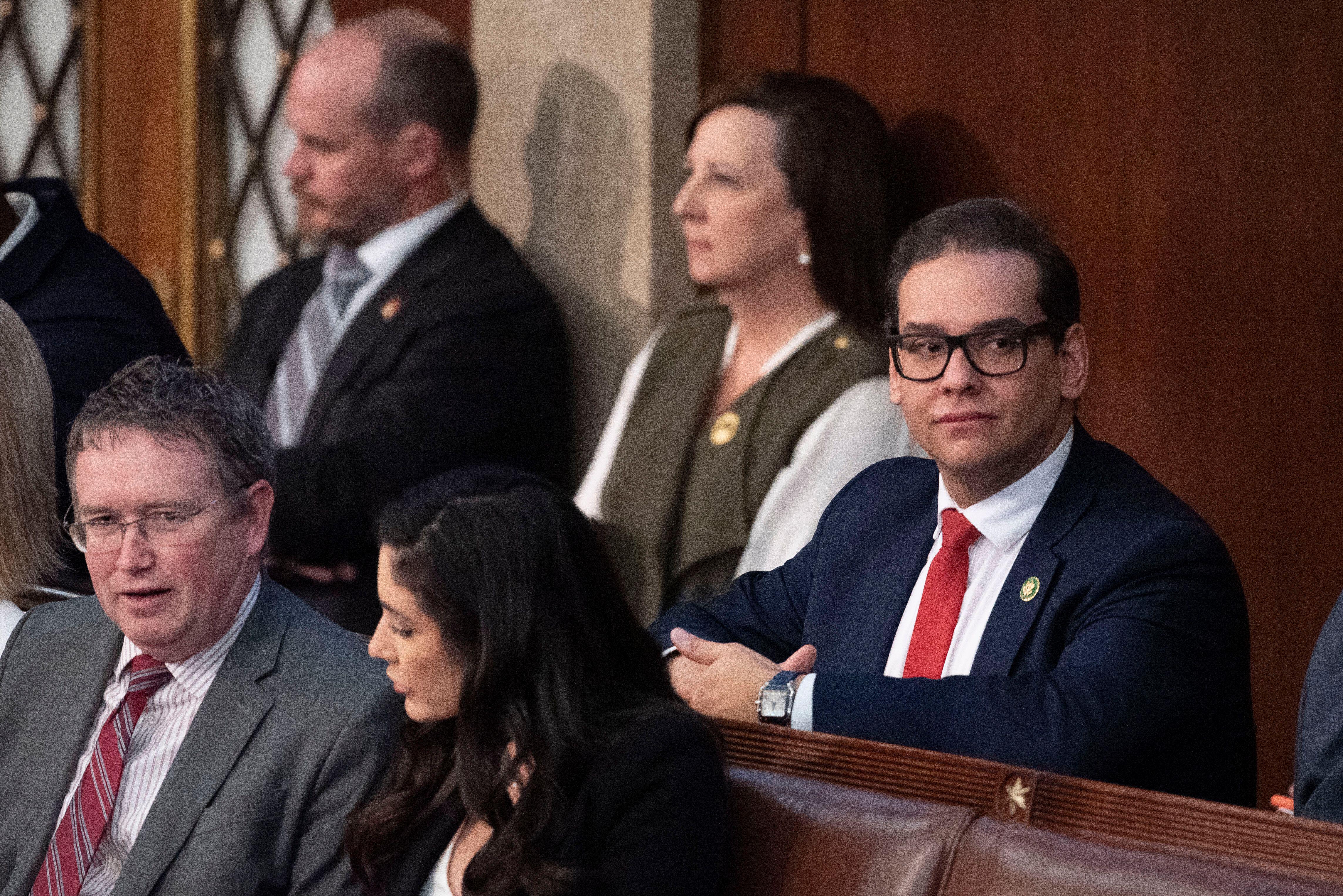 Rep. George Santos, R-NY, seen here Jan. 6 at the U.S. Capitol in Washington, told GOP colleagues Tuesday he is temporarily stepping down from his two congressional committees, a move that comes amid a host of ethics issues and a day after he met with House Speaker Kevin McCarthy.