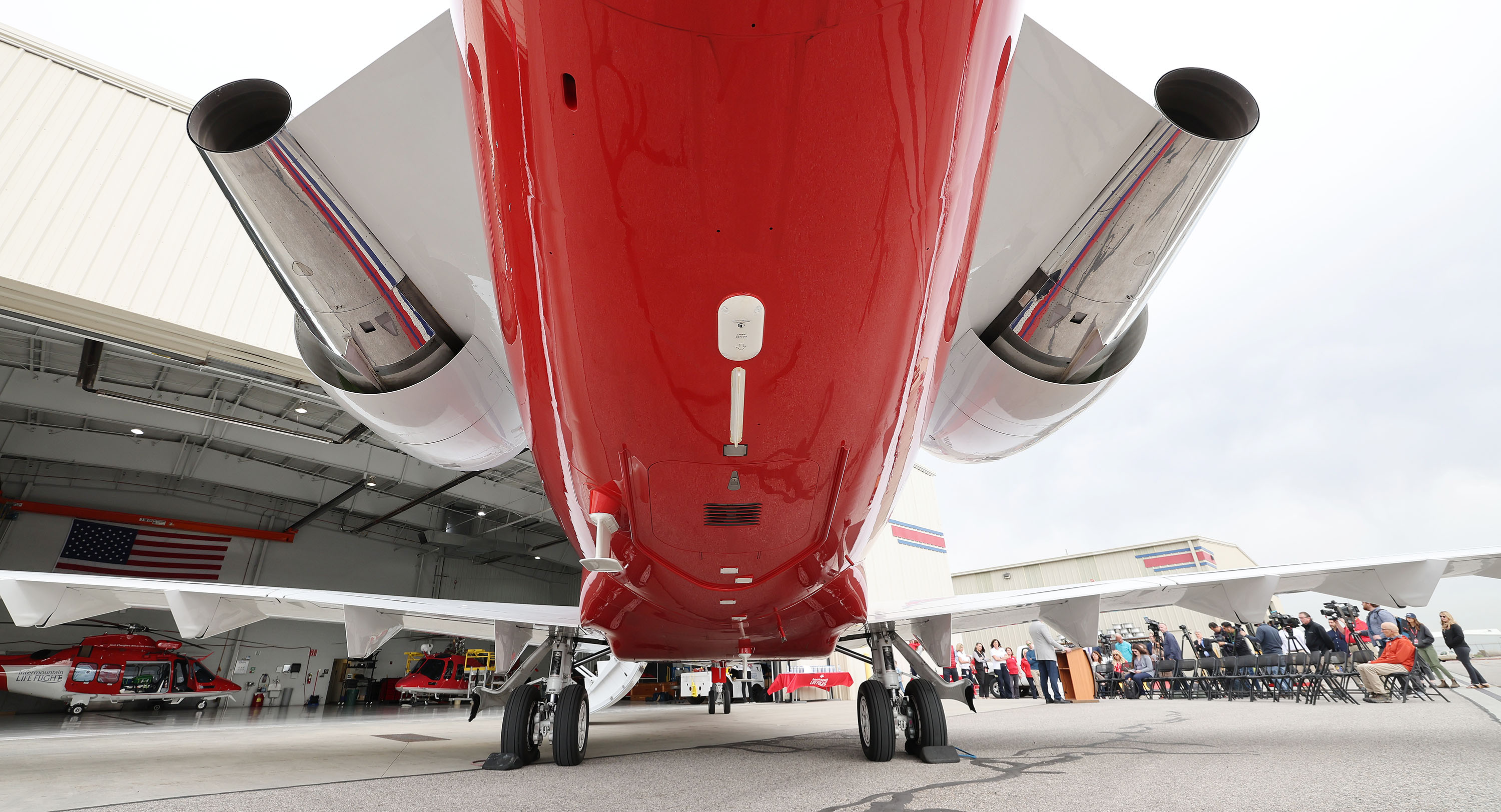 Intermountain Life Flight unveils its new, unique long-range medical jet in Salt Lake City on April 27, 2022. The jet will be used to transport patients and enhance organ transplantation in Utah by retrieving donor organs from throughout the nation.