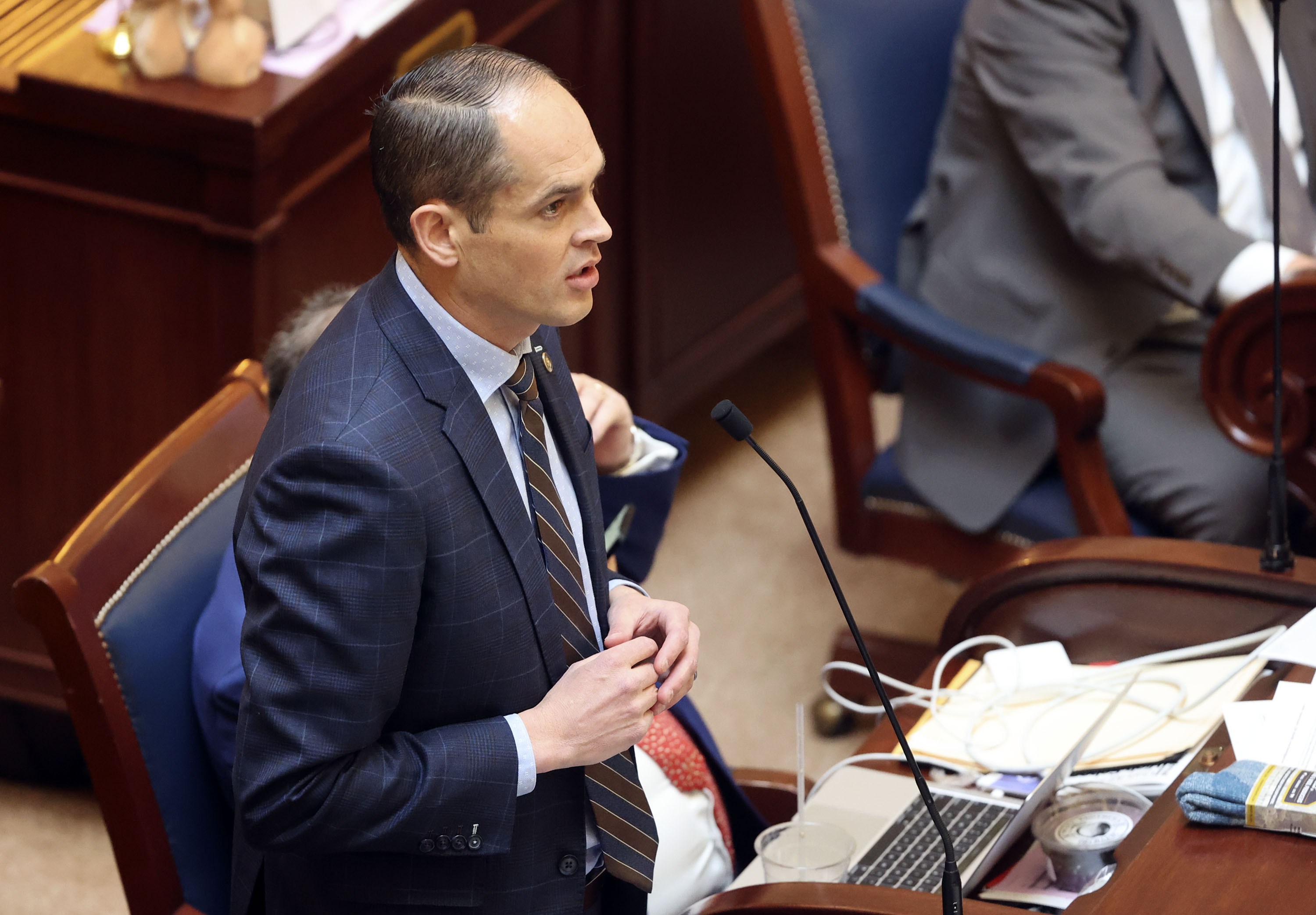 Sen. Mike McKell, R-Spanish Fork, speaks on the Senate Floor at the Capitol in Salt Lake City on March 2, 2022.