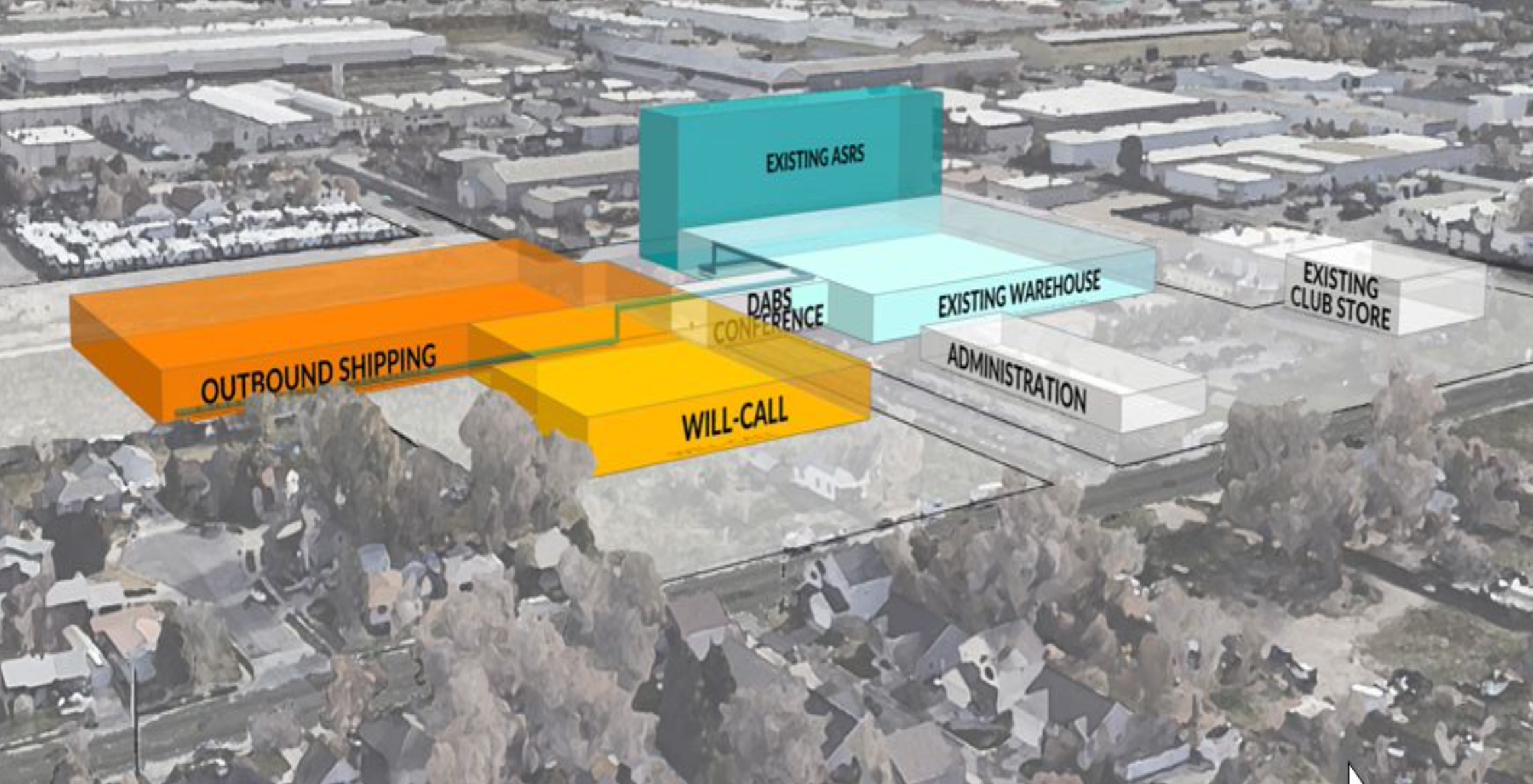 An artist rendering of the Utah Department of Alcoholic Beverage Services warehouse in Salt Lake City with proposed expansion buildings. Department officials say they may run out of space with the current warehouse by the 2026 fiscal year without an expansion to the facility.