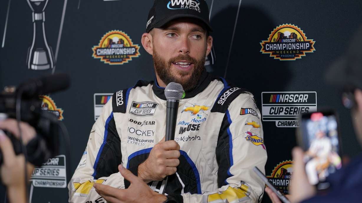 FILE - NASCAR Cup Series driver Ross Chastain speaks during the NASCAR Championship media day, Nov. 3, 2022, in Phoenix. NASCAR has essentially banned the “Hail Melon” video-game move driver Ross Chastain used at Martinsville Speedway to race his way into the championship finale.