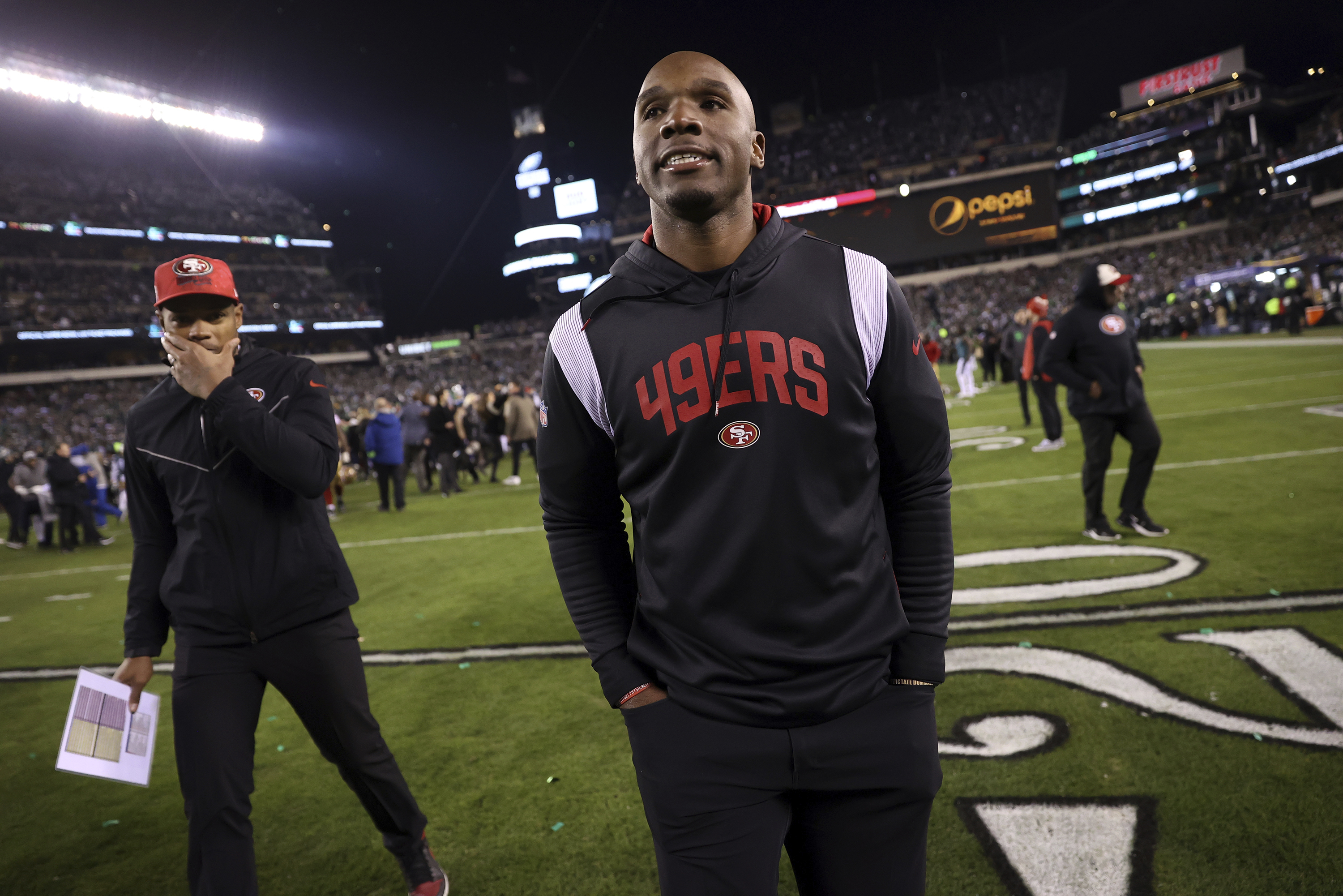San Francisco 49ers' defensive coordinator DeMeco Ryans walks off the field after Philadelphia Eagles' 31-7 win in NFC Championship Game at Lincoln Financial Field in Philadelphia, on Sunday, January 29, 2023. 